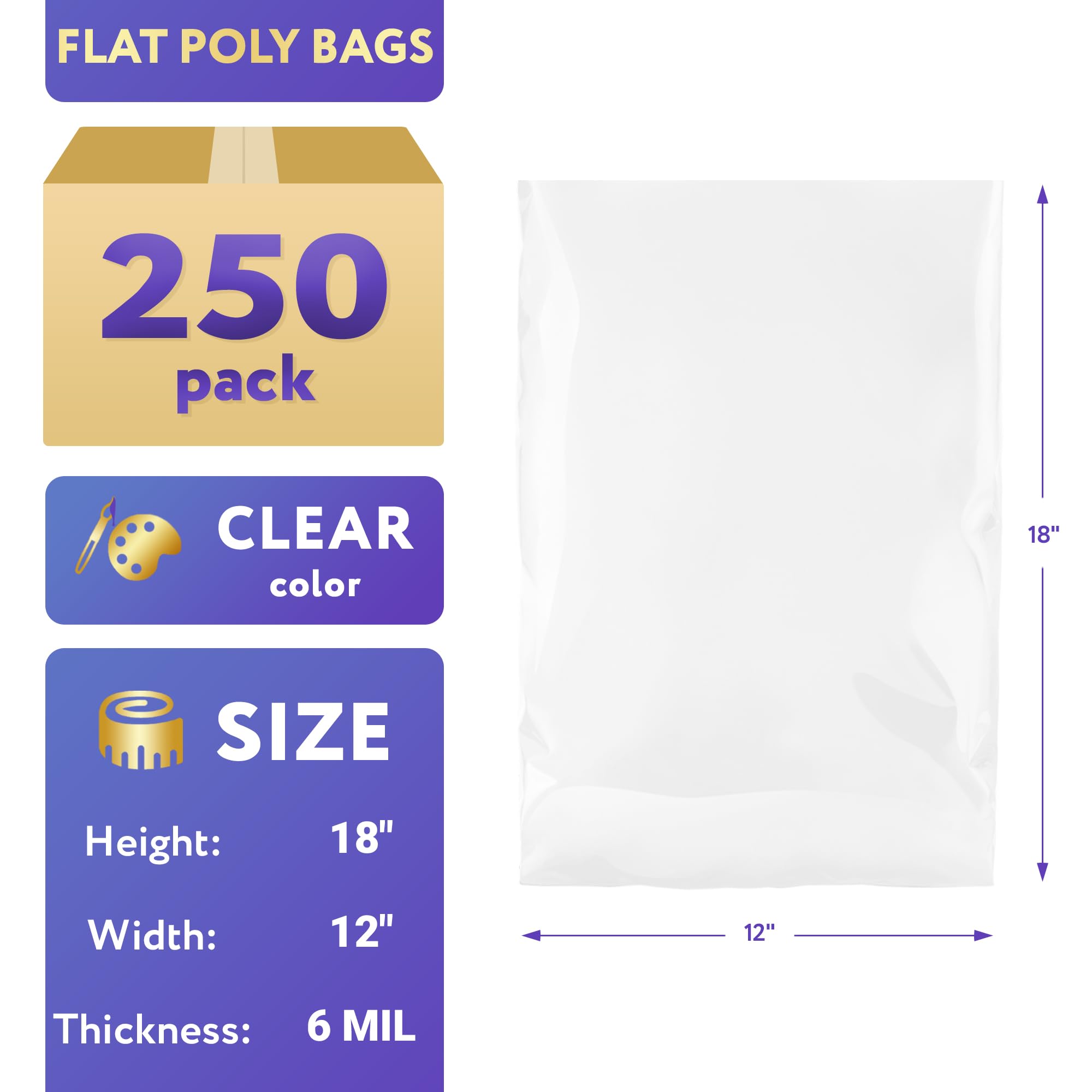 APQ 250 Pack 12x18 Inch Clear Flat Poly Bags - 6 Mil Thick Open Top Plastic Bags for Storage & Shipping | Ideal for Industrial Use, Food Service, Healthcare & Retail Packaging