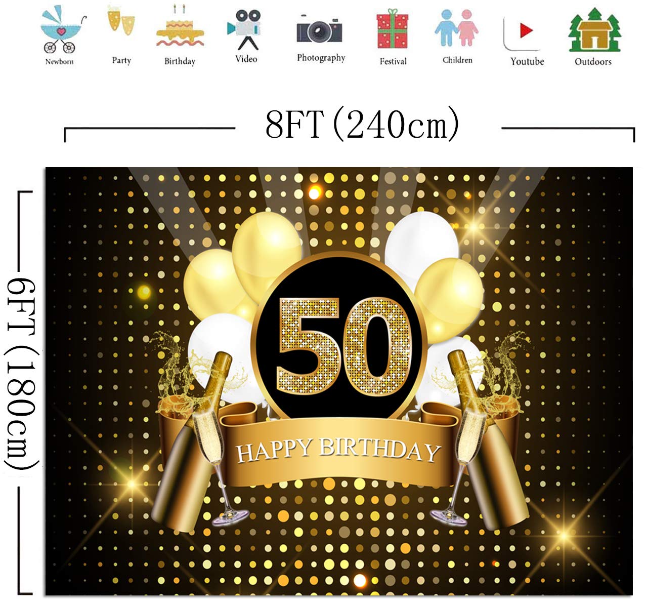 Sensfun Black & Gold Glitter 50th Birthday Backdrop - 8x6ft Photography Background for Adult Men's Fifty Years Old Party Decor, Photo Booth Props, Banner - Perfect for Birthday Celebrations, Photoshoots & Event Decorations