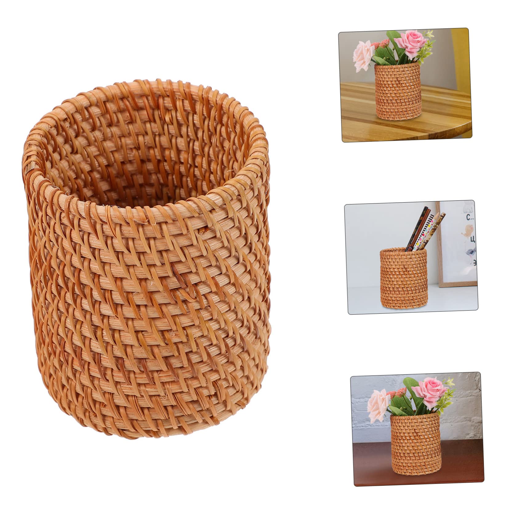 DOITOOL Handwoven Rattan Pencil Holder - Natural Wicker Pen Cup for Desk Organizer, Mini Rattan Vase for Stationery & Cosmetic Brushes | Perfect for Office, Home & School Use (Cone Shape)