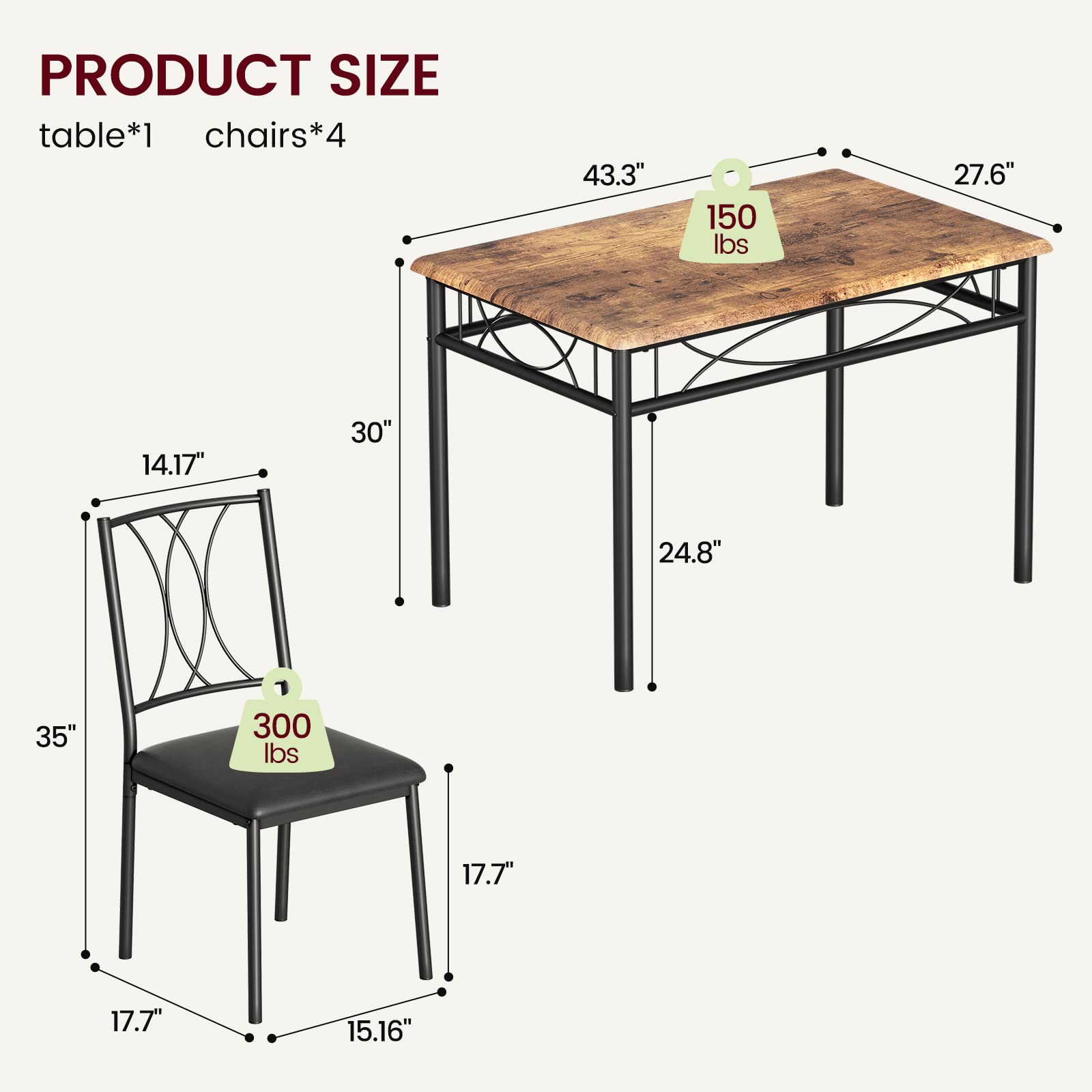 5-Piece Retro Brown Dining Table Set for 4 - Rectangular Kitchen Table with Upholstered Chairs - Perfect for Small Spaces & Apartments | Ideal for Family Meals, Breakfast Nooks & Compact Dining Areas