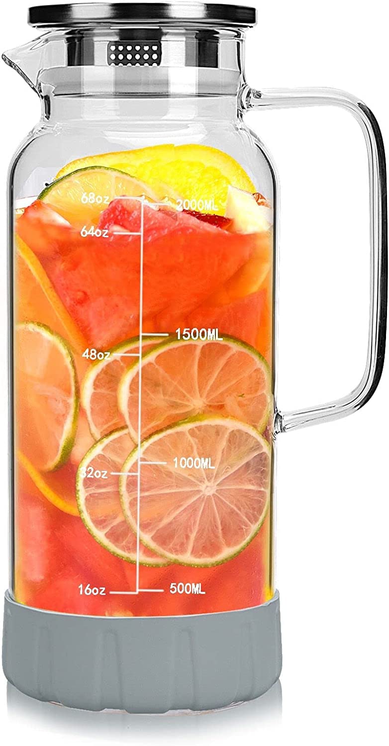 68oz/2000ml Glass Pitcher with Lid & Measurement Markings - Large Tea & Water Jug with Non-Slip Coaster - Perfect for Iced Tea, Lemonade, Infused Water & Kitchen Serving