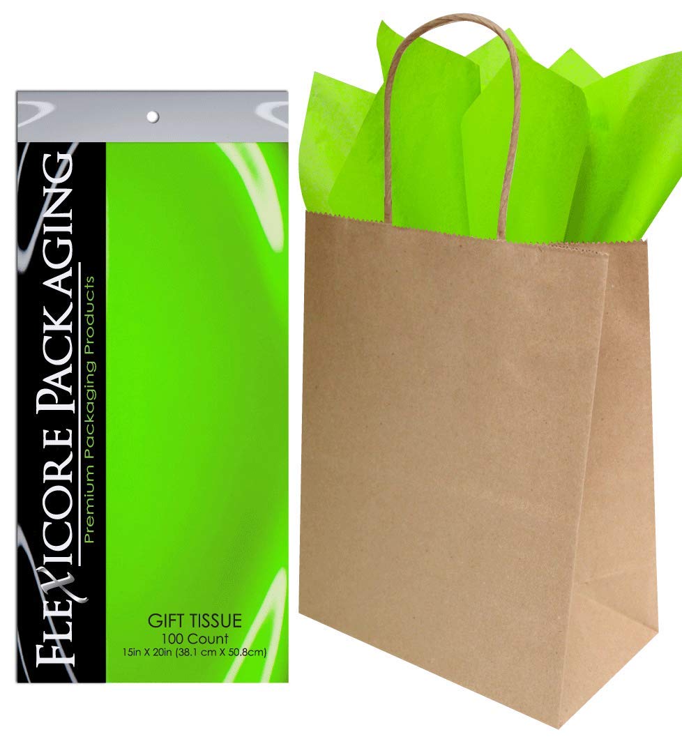 Eco-Friendly Kraft Paper Gift Bags with Lime Green Tissue Wrap - 8