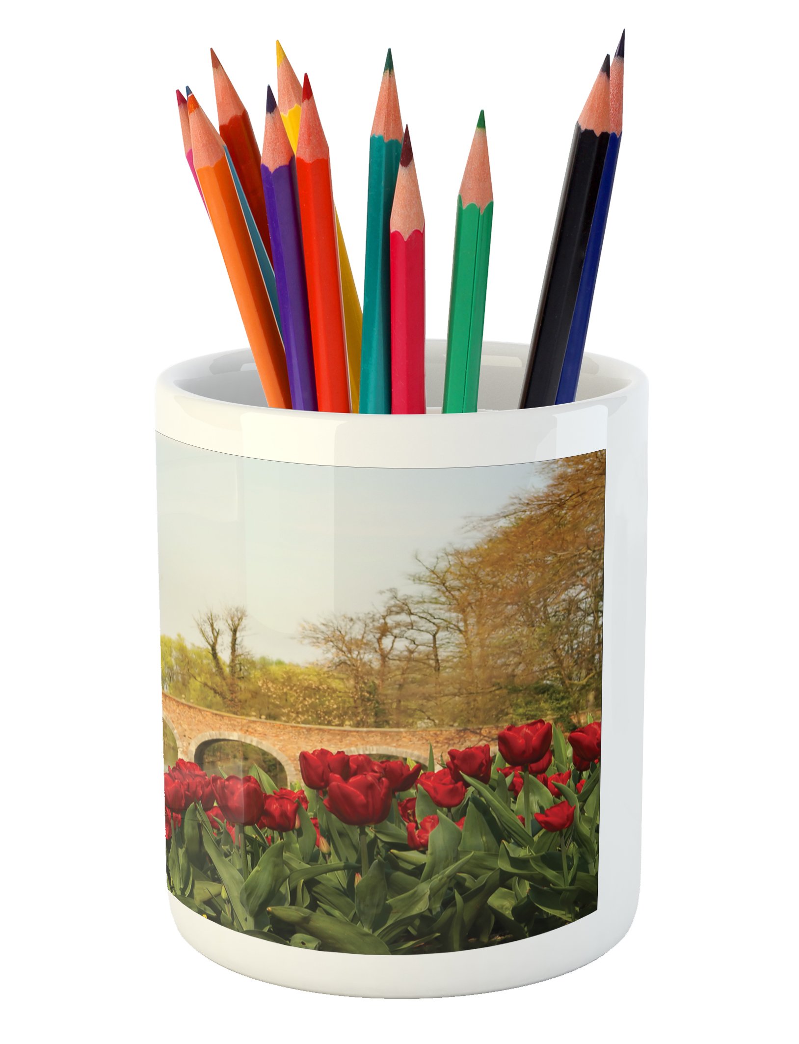 Lunarable Ceramic Pen Holder - Tulips & Stone Bridge in Castle Garden Groot Bijgaarden Belgium Design, Desk Organizer for Office & Home Use, Red & Green - Perfect for Pencils, Pens & Stationery Organization