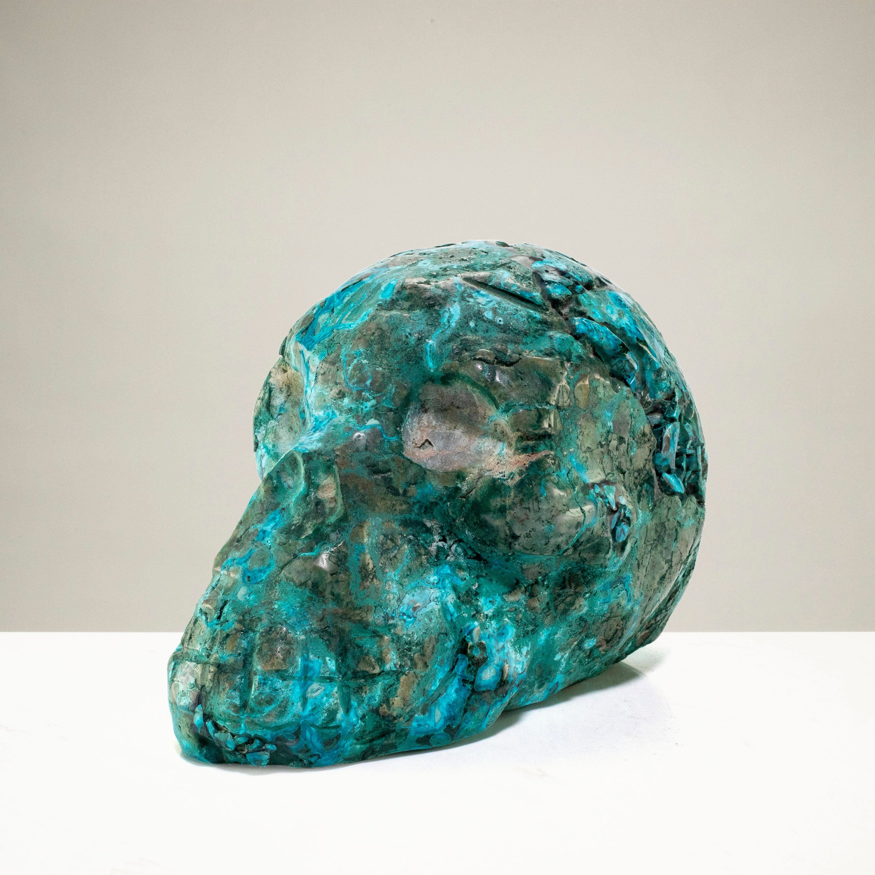 Chrysocolla Skull Carving - 8 Inch Handmade Stone Sculpture (3,240g) - Unique Home Decor & Spiritual Healing Crystal for Meditation Rooms