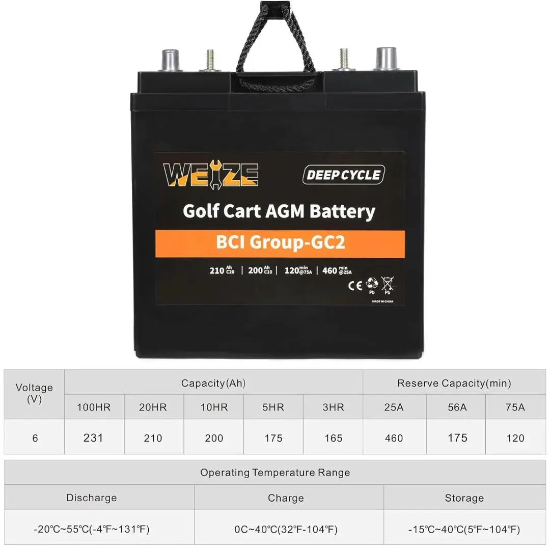 WEIZE 6V 210Ah AGM Deep Cycle Battery - BCI Group GC2 Golf Cart Battery for Golf Carts, RVs, Solar Systems & Marine Applications