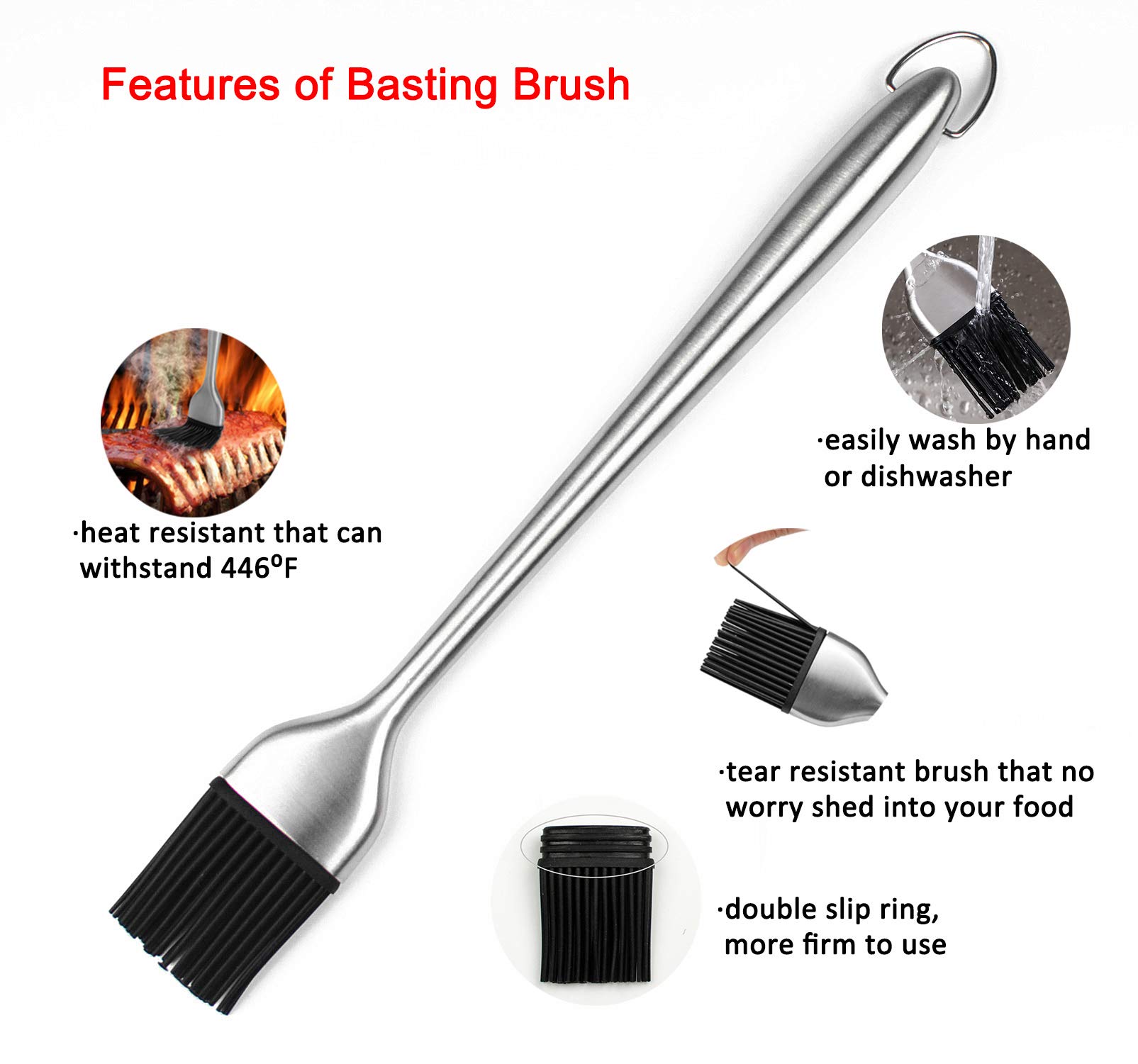 Stainless Steel Basting Brush for BBQ, Baking & Cooking - 12 Inch with Silicone Head (Red) - Perfect for Sauces & Grilling