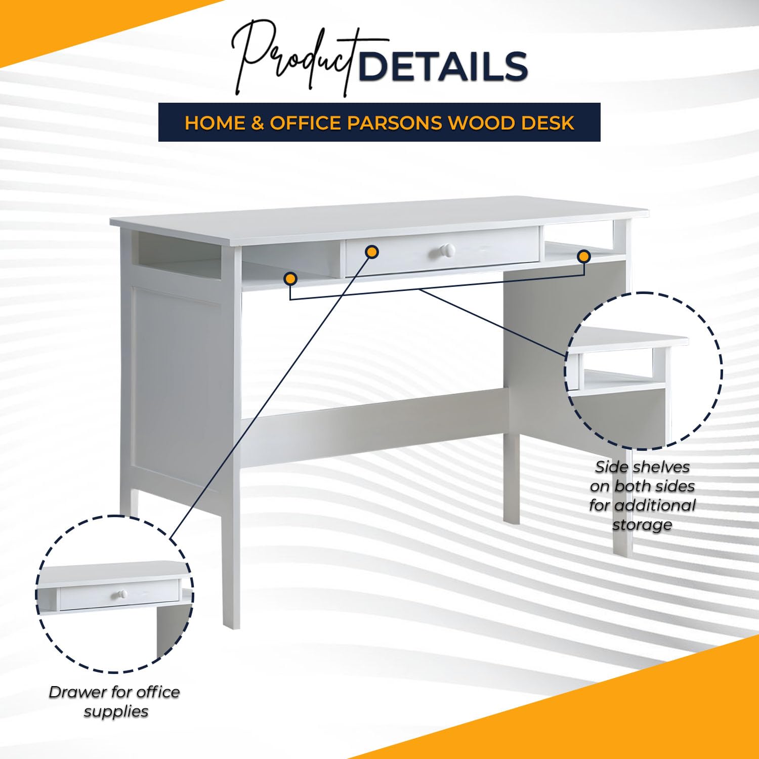 Kings Brand Furniture - White Parsons Wood Desk with Drawer for Home & Office - Perfect for Workspaces, Study Rooms & Home Offices