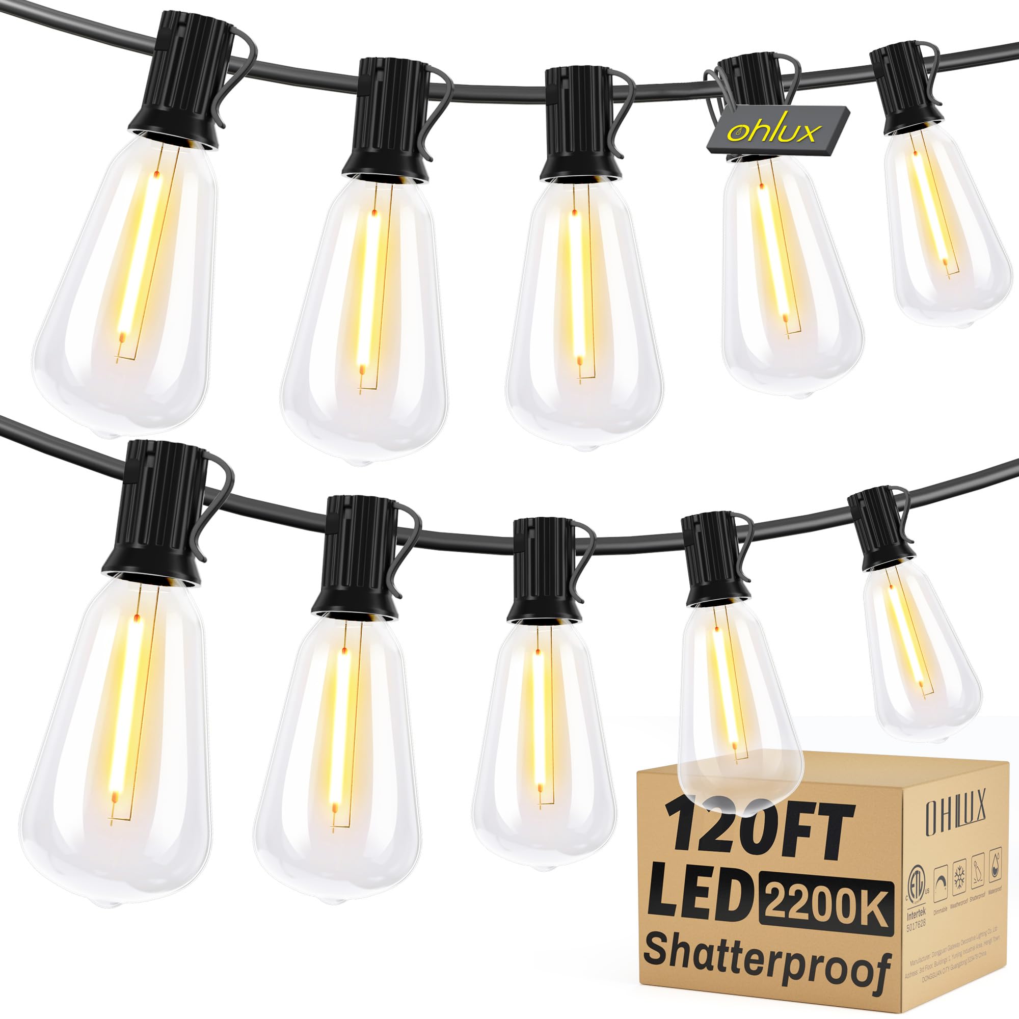 OHLUX 120FT Dimmable Outdoor String Lights with 62 Shatterproof ST38 LED Vintage Edison Bulbs - 2200K Warm White Connectable Hanging Lights for Deck, Porch, Bistro, Gazebo, Balcony, Garden & Patio - Perfect for Backyard Parties, Weddings, and Outdoor Dining
