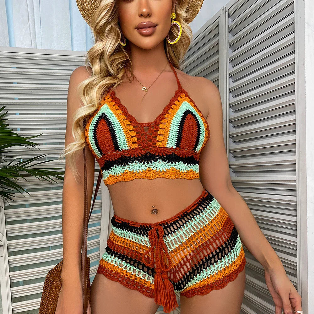 Crochet Bikini Set for Women - Rainbow Striped Off Shoulder Top & Bottom Swimsuit | Handmade Knitted Beachwear Bathing Suit | Perfect for Pool Parties, Beach Vacations & Summer Getaways