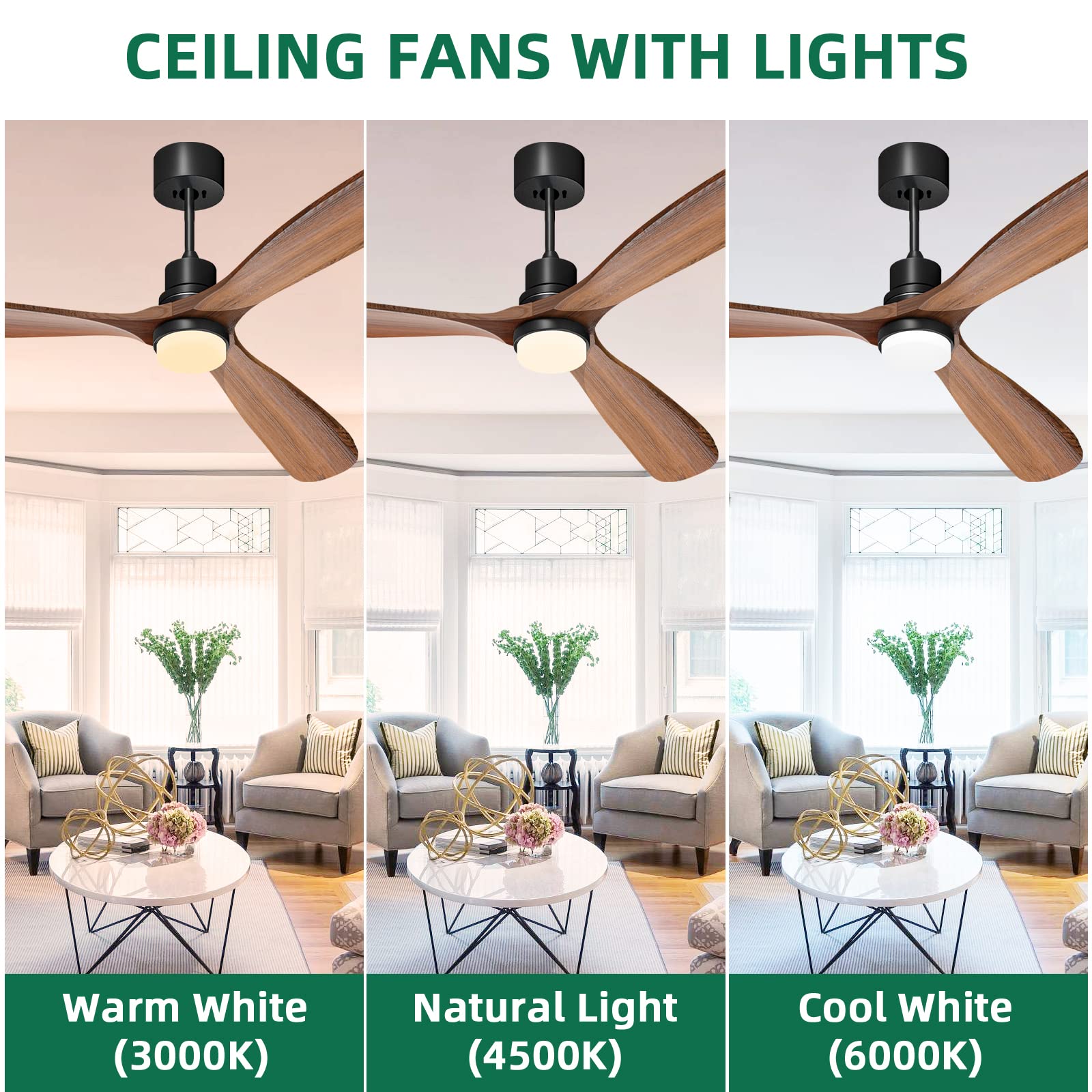 Obabala 60 Inch Modern Ceiling Fan with Light and Remote Control - 3 Reversible Wood Blades, Silent DC Motor for Indoor/Outdoor Use - Perfect for Patios, Farmhouse, Bedroom, and Living Room