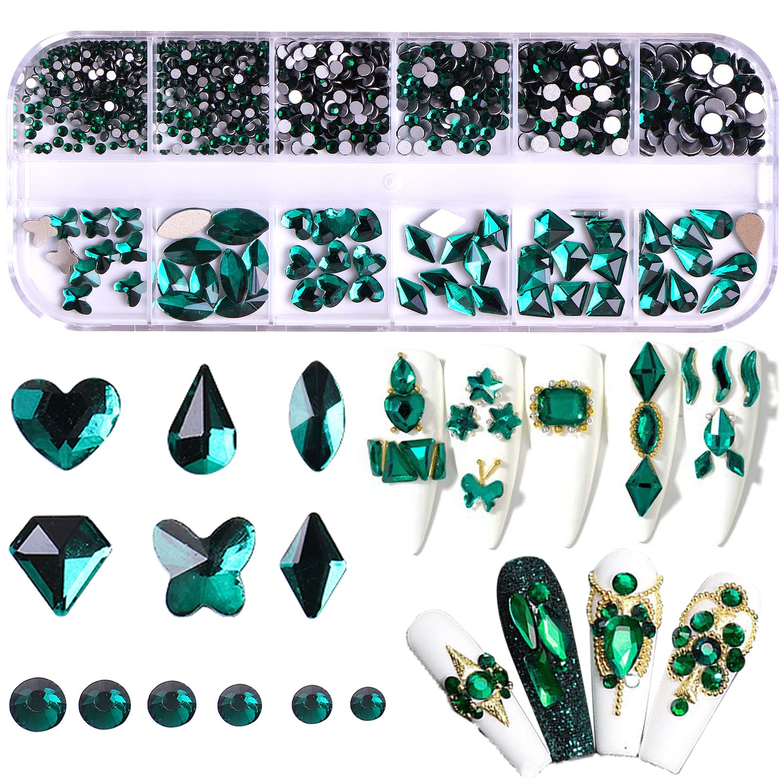 RODAKY 810Pcs 3D Rhinestones for Nails - 6 Shapes Flatback Gems, Nail Art Rhinestone Beads for DIY Nail Design, Makeup & Jewelry Crafting (Green) | Perfect for Salon, Home Manicure, Party & Wedding Nail Decorations