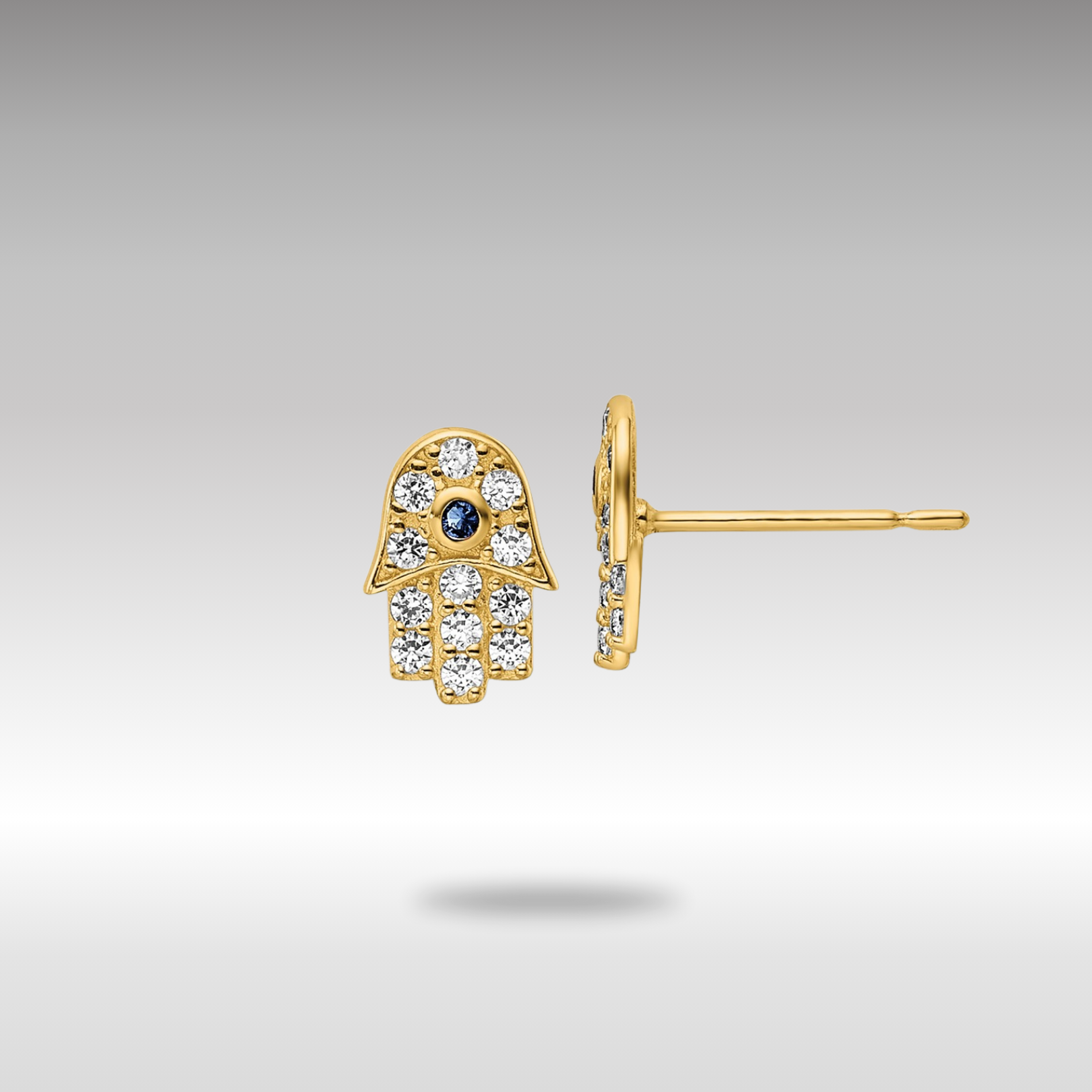Gold CZ & Blue Glass Stone Hamsa Post Earrings - Model YE2133 - Spiritual Jewelry for Women, Boho Chic Accessories for Everyday Wear or Special Occasions