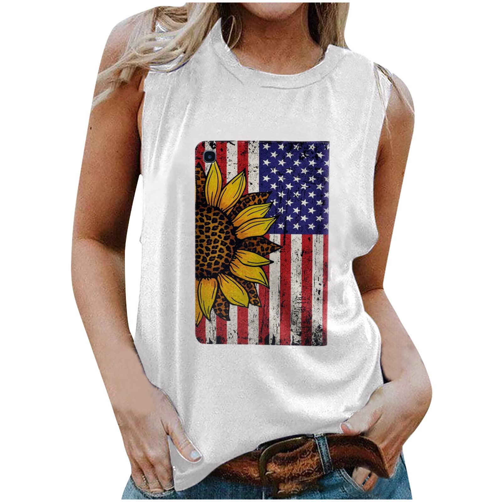 Ruziyoog Women's American Flag Graphic Tank Top - Stripes & Stars Crew Neck Casual Cami Tee for Summer, Beach, and Patriotic Events