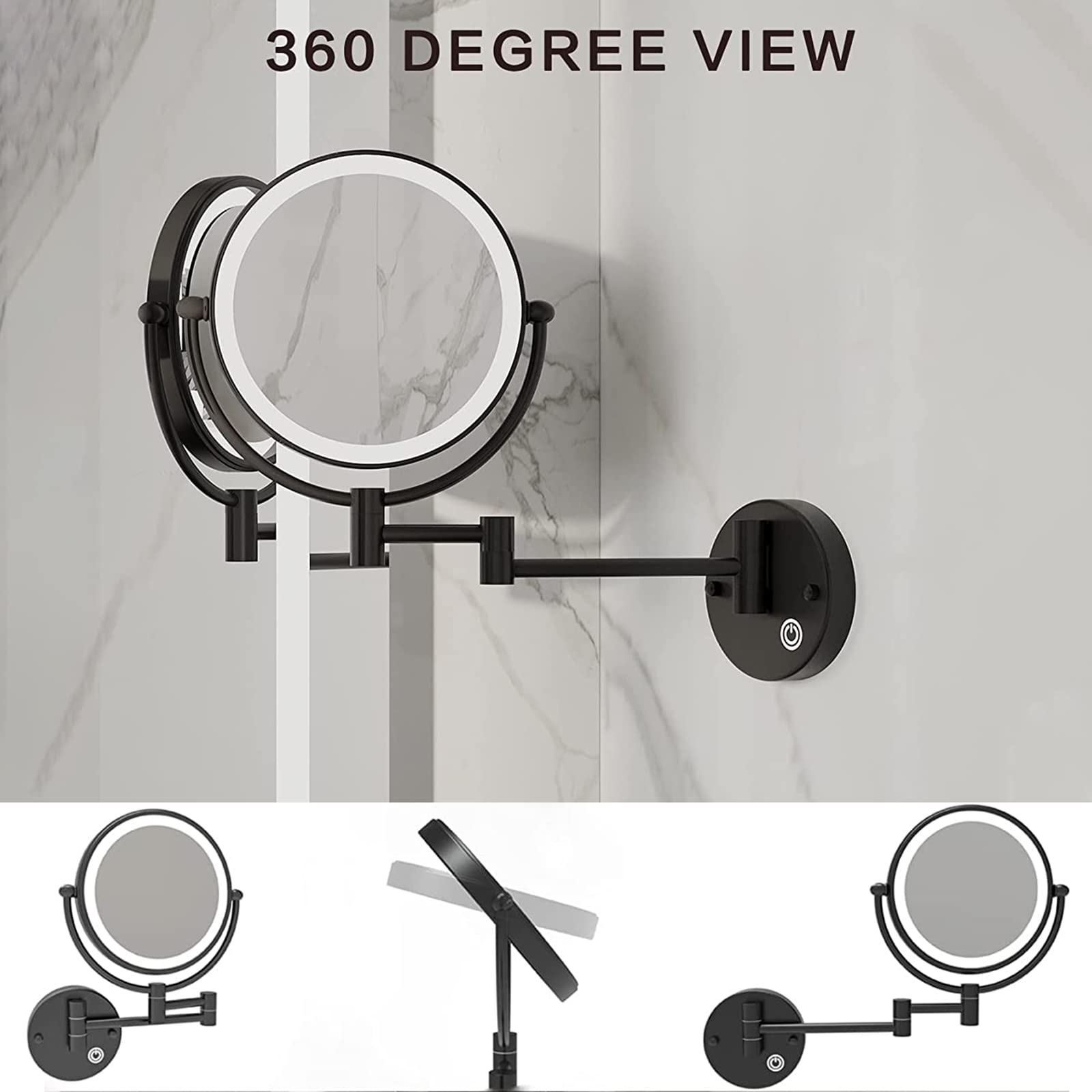10X Magnifying LED Makeup Mirror with Lights - 360° Swivel & Extendable Arm, Wall Mounted Double Sided Vanity Mirror for Professional Makeup Application, Black (Hard Wired) - Perfect for Home Dressing Room, Salon, and Beauty Studio
