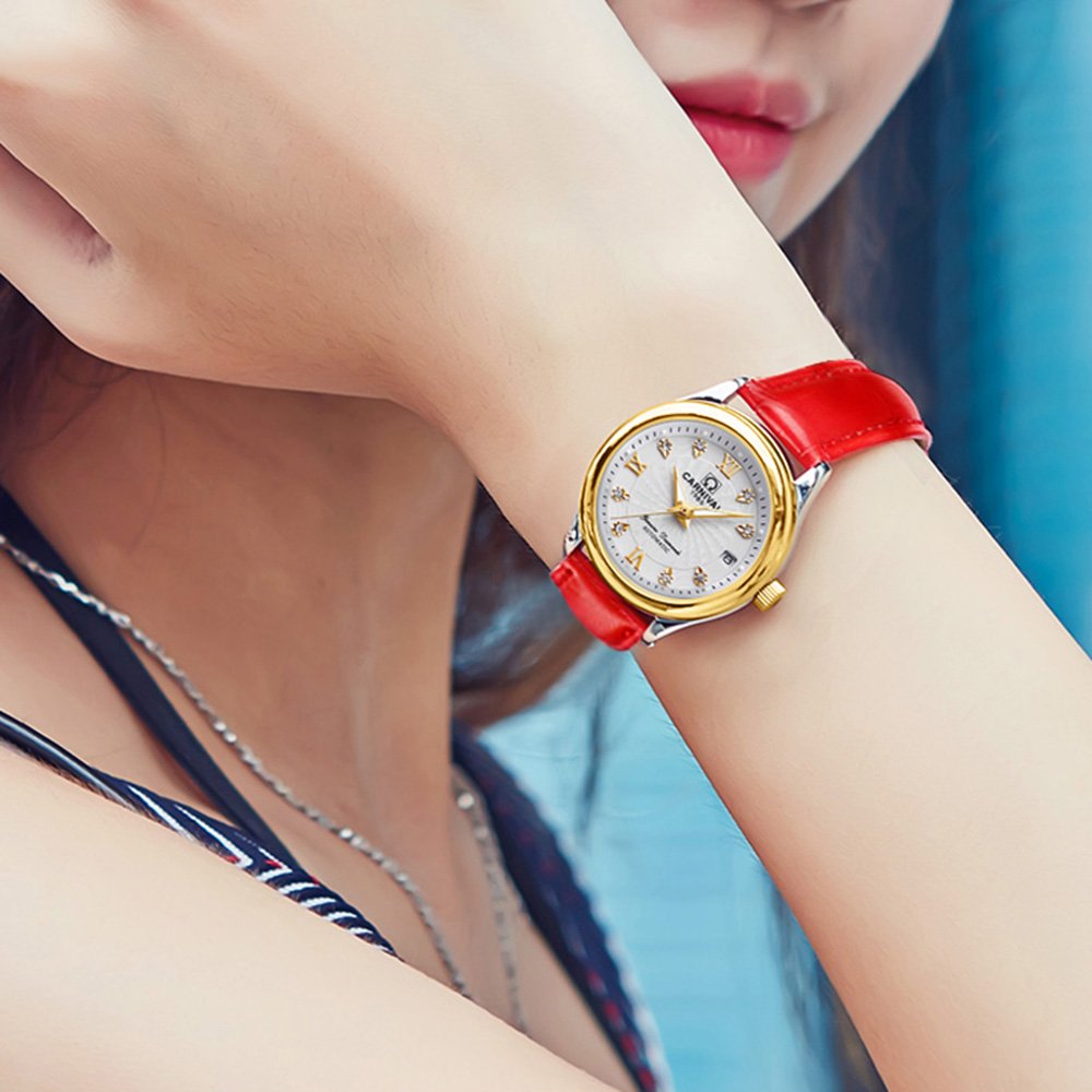 Luxury Women's Automatic Mechanical Watch with Luminous Calendar, Diamond Accents & Waterproof Leather Strap (Red/White) - Perfect for Business, Parties & Everyday Wear
