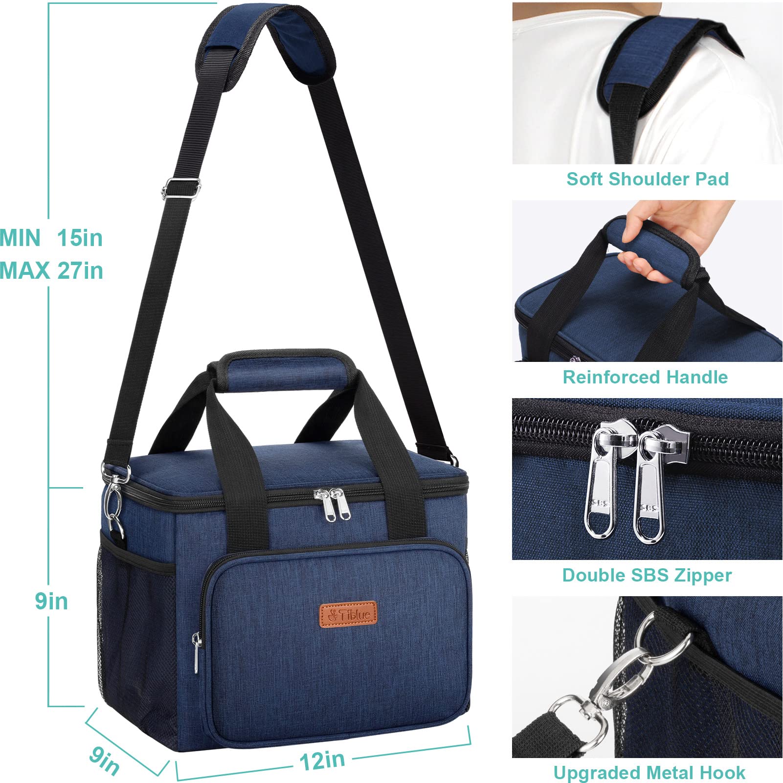 Insulated Lunch Bag for Women & Men - Reusable Leakproof Cooler Tote for Office, School, Picnic & Beach - Freezable Lunch Box with Adjustable Shoulder Strap for Kids & Adults - Navy Blue | Perfect for Work Commutes, School Lunches & Outdoor Activities