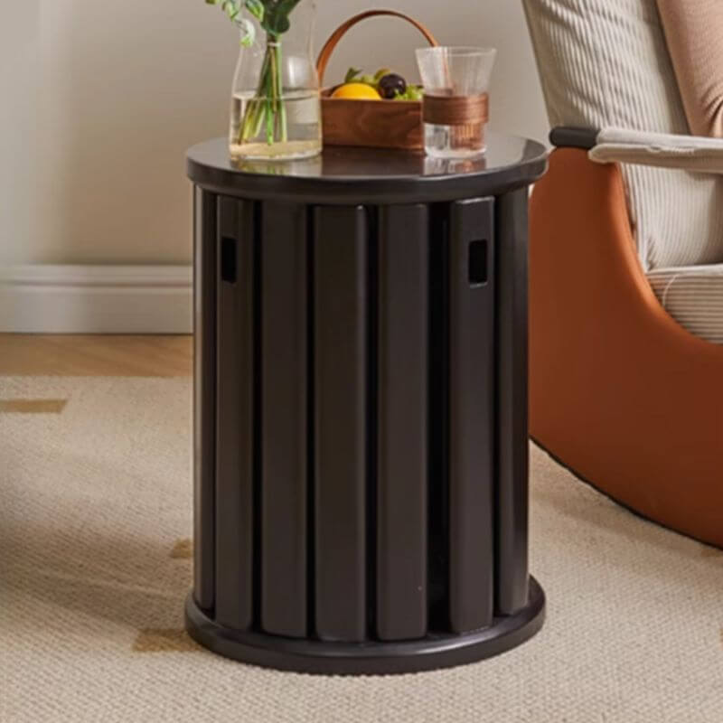 Minimalist Solid Color Utility Stool with Midnight Black/Auburn/Natural Finish - Stackable Drum Base & Natural Wood Seat - Perfect as Side Table, Bedside Stool or Living Room Accent