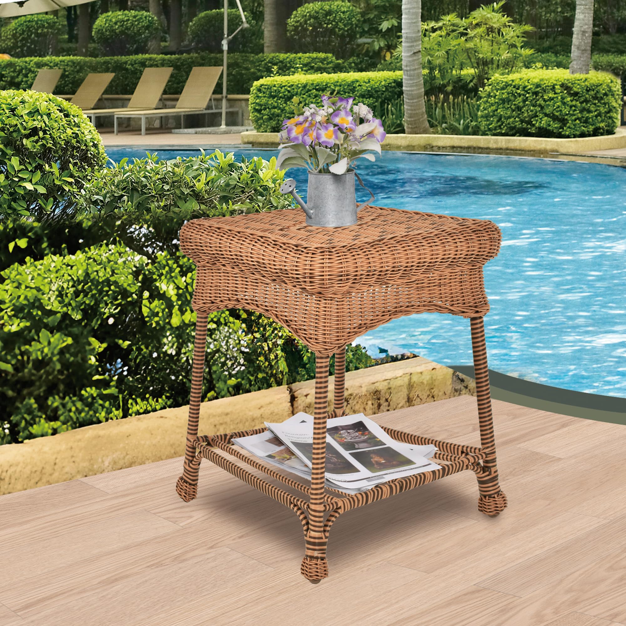 Jeco Outdoor Honey Wicker End Table - Small Side Table for Patio, Porch, Garden - Weather-Resistant Rattan Accent Table for Coffee, Books, and Decor