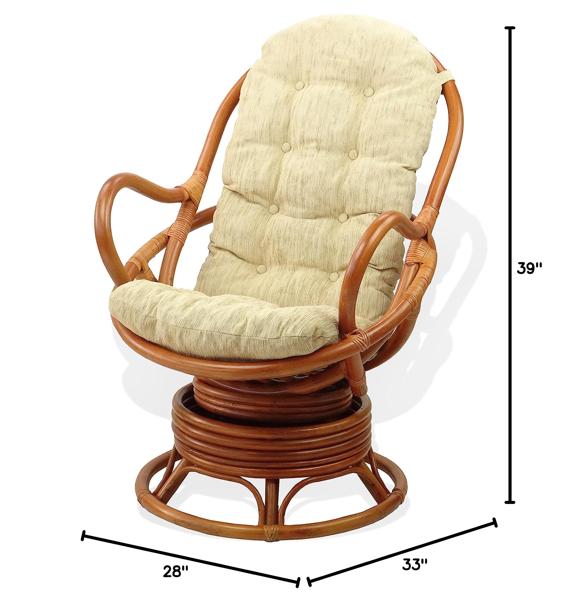 Natural Rattan Wicker Swivel Rocking Chair with Cream Cushion - Dark Brown Lounge Java Chair for Living Room, Patio, or Sunroom Relaxation