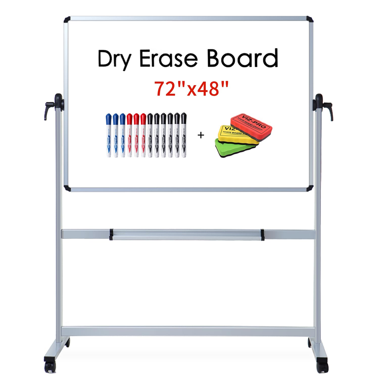 VIZ-PRO 72 x 48 Inches Double-Sided Magnetic Whiteboard with Aluminum Frame & Stand - Includes 12 Dry Erase Markers & 3 Colored Erasers - Perfect for Offices, Classrooms & Home Use