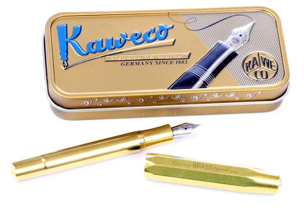 Kaweco AL Sport Fountain Pen with Fine Nib - Brass Body + 6 Black Ink Cartridges Gift Set for Writing, Journaling & Office Use