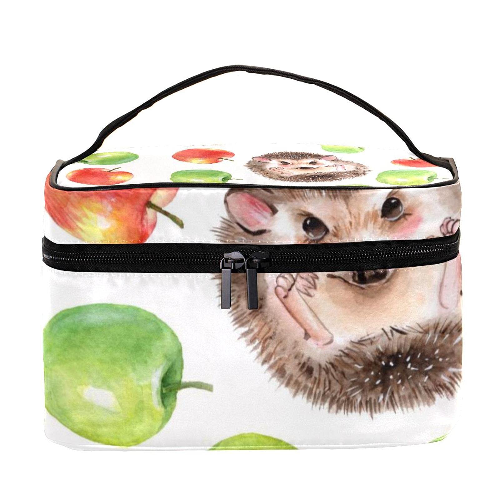 Hand-Drawn Hedgehogs & Apples Large Travel Makeup Bag - Waterproof Cosmetic Organizer with Zipper for Women & Girls | Perfect for Vacation, Gym, and Daily Essentials Storage
