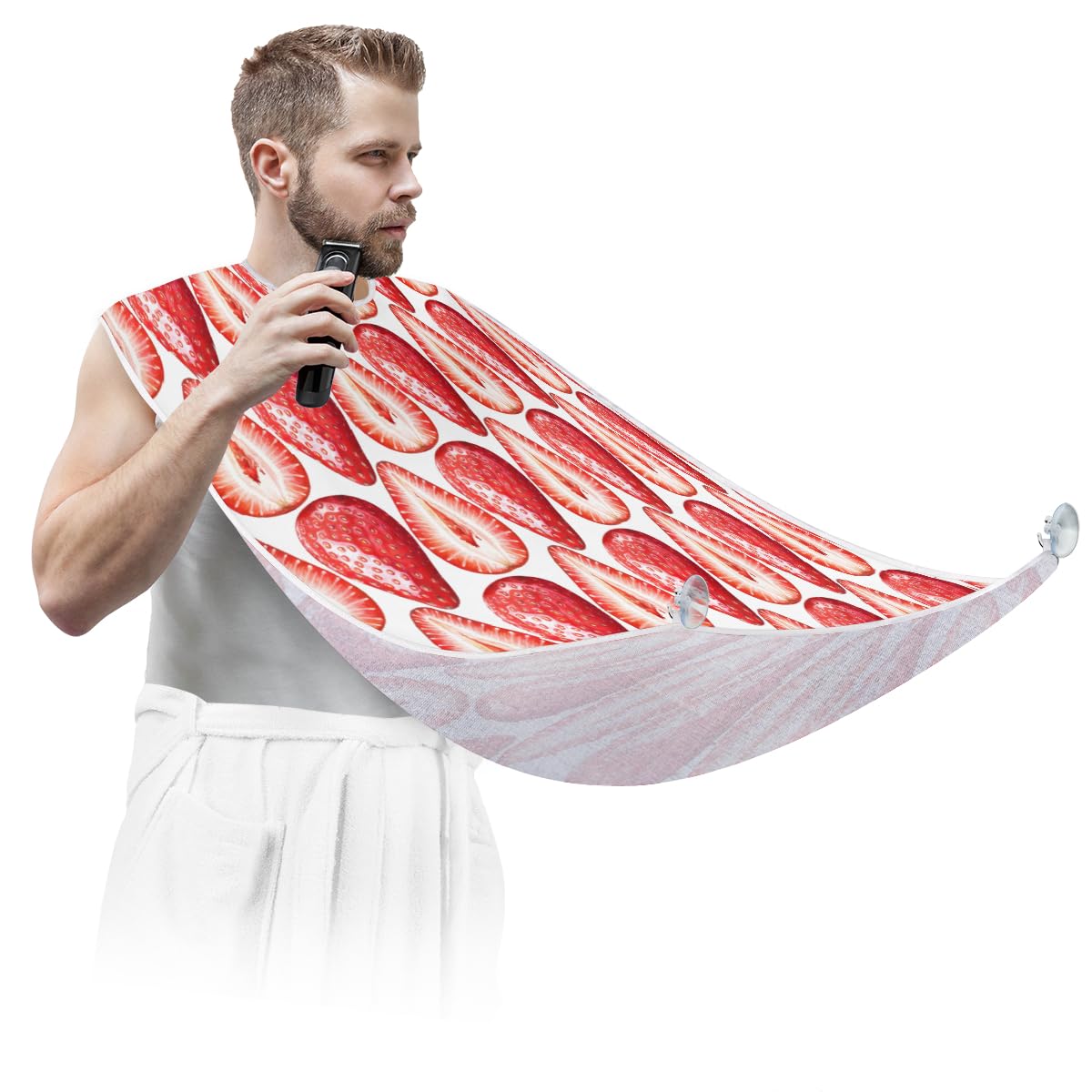 Non-Stick Beard Bib with Suction Cups - Hand Drawn Ripe Strawberries Design for Men's Shaving & Grooming | Perfect Hair Catcher Apron for Barbers & Home Use | Great Birthday Gift for Husband & Dad