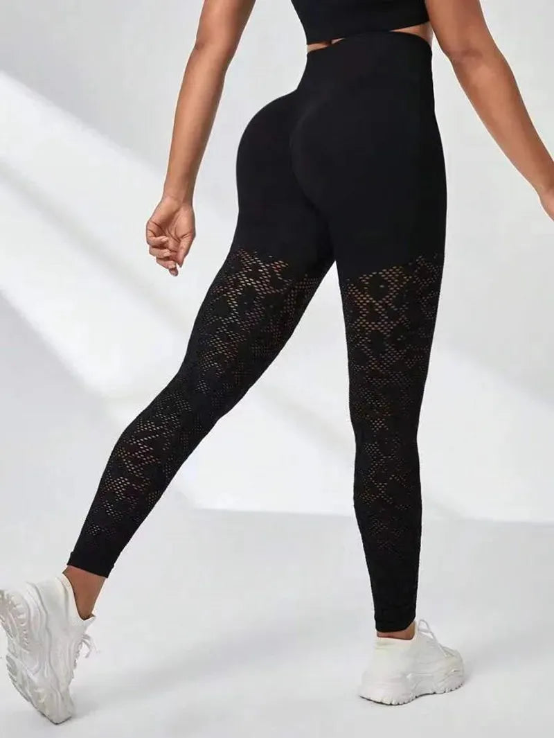Women's Seamless Hollow Out Gym Leggings - High Waist Solid Color Push Up Tight Yoga Pants for Fitness & Workout | Perfect for Yoga, Running, Gym & Casual Wear