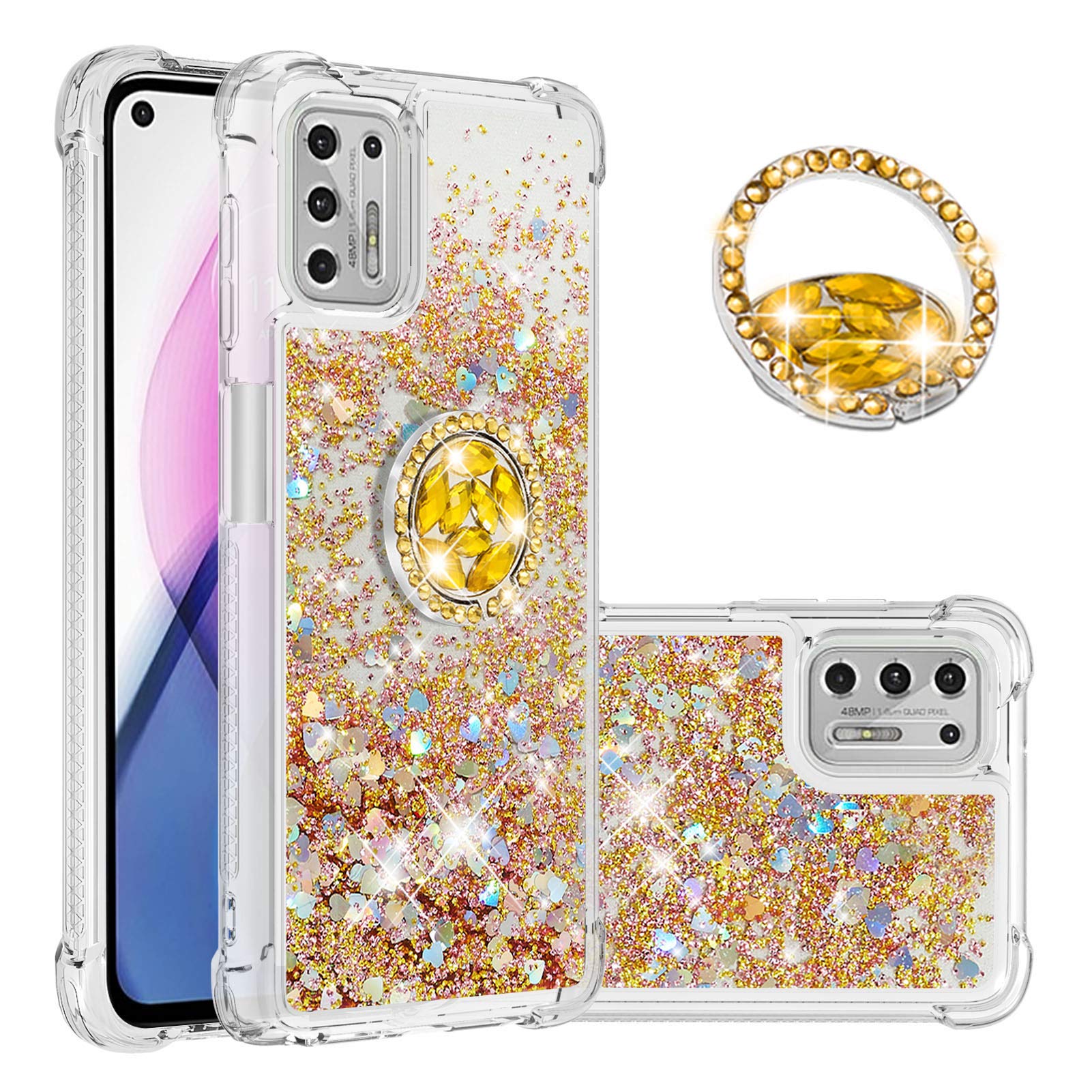 Sparkly Clear Glitter Phone Case for Motorola G Stylus 2021 - Liquid Quicksand Bling Cover with Diamond Ring Holder & Rugged Protection | Perfect for Everyday Use, Parties & Gift Giving