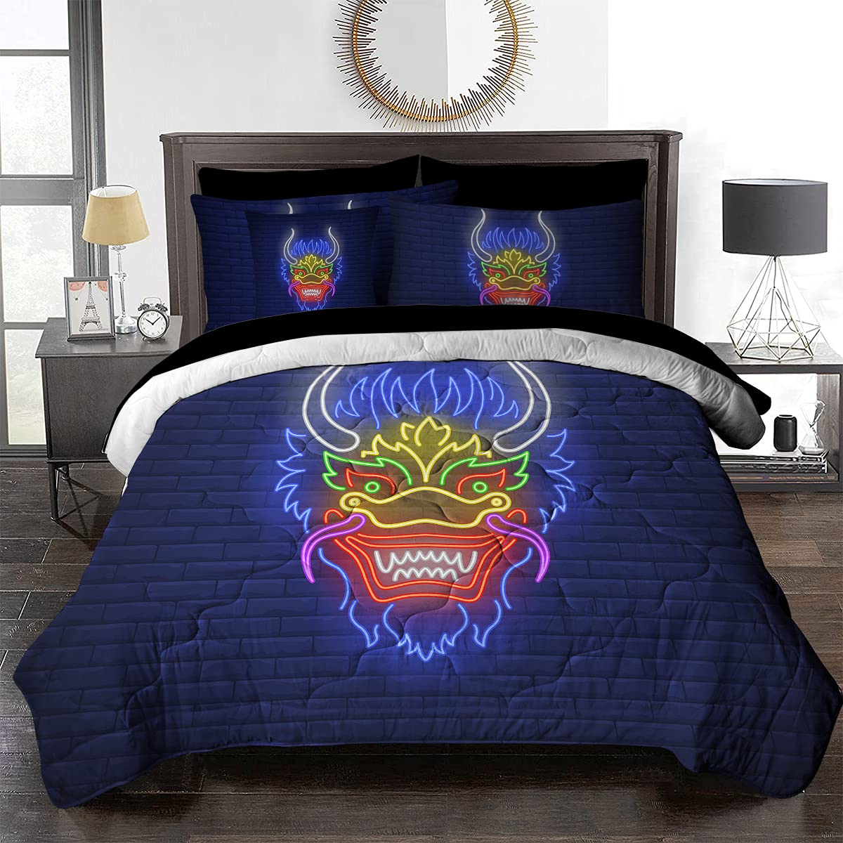 BlessLiving 8-Piece Neon Dragon Comforter Set - Reversible Blue & Brick 3D Fantasy Bedding with Shams - King Size Comforter for Adults & Teens - Perfect for Gaming Rooms, Dorm Decor & Themed Bedrooms