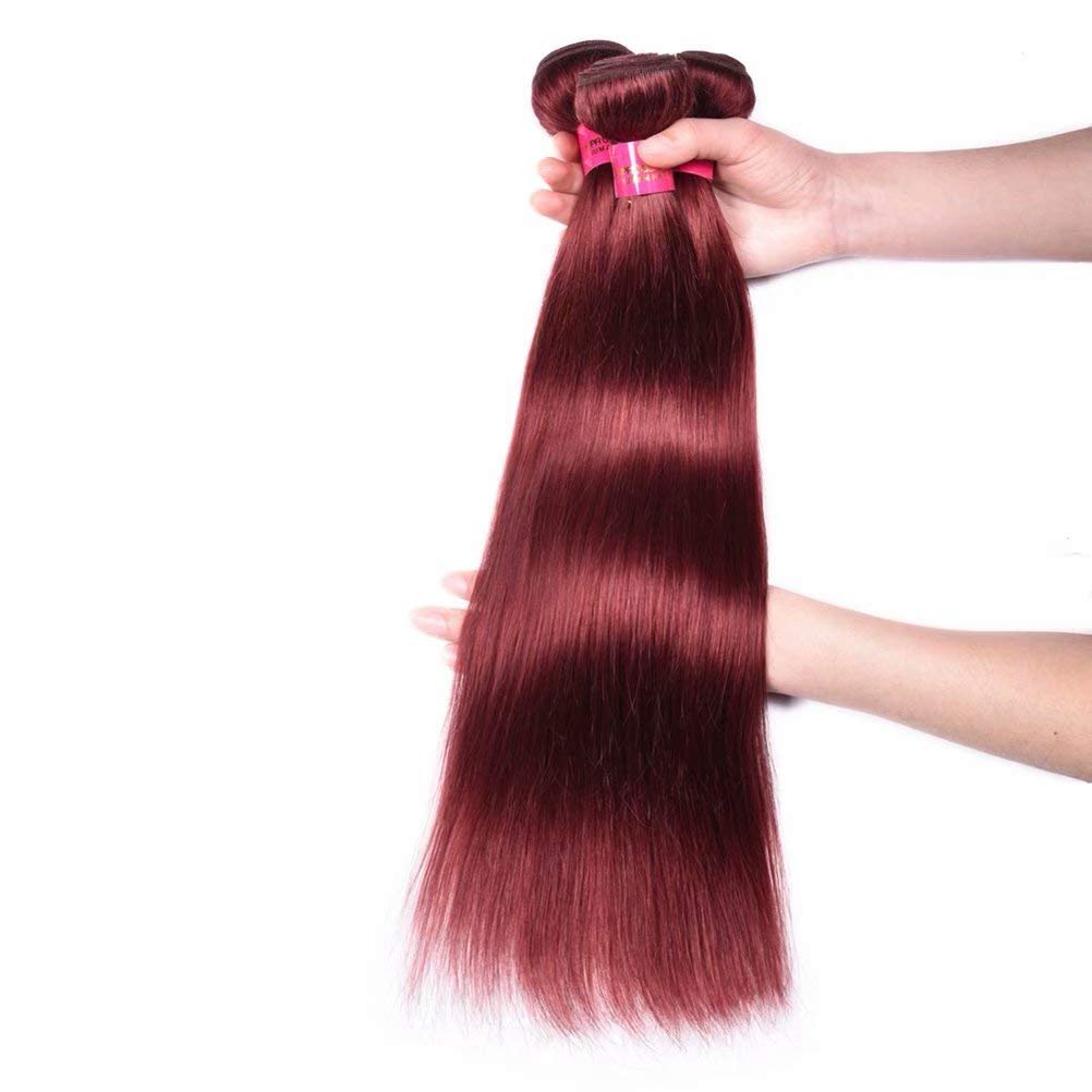 FEEL ME Straight Peruvian Human Hair 3 Bundles with Closure - Color 33 Virgin Peruvian Silky Straight Hair Extensions (18 20 22+18) - Light Auburn Red Remy Hair Weave for Daily Styling & Special Occasions