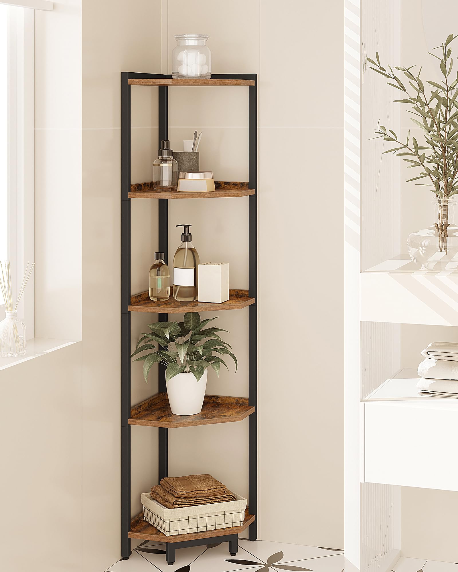 5-Tier Rustic Brown Corner Shelf Stand - Metal Frame Storage Bookshelf for Living Room, Home Office & Bedroom | Ideal for Plants, Books & Home Decor Organization