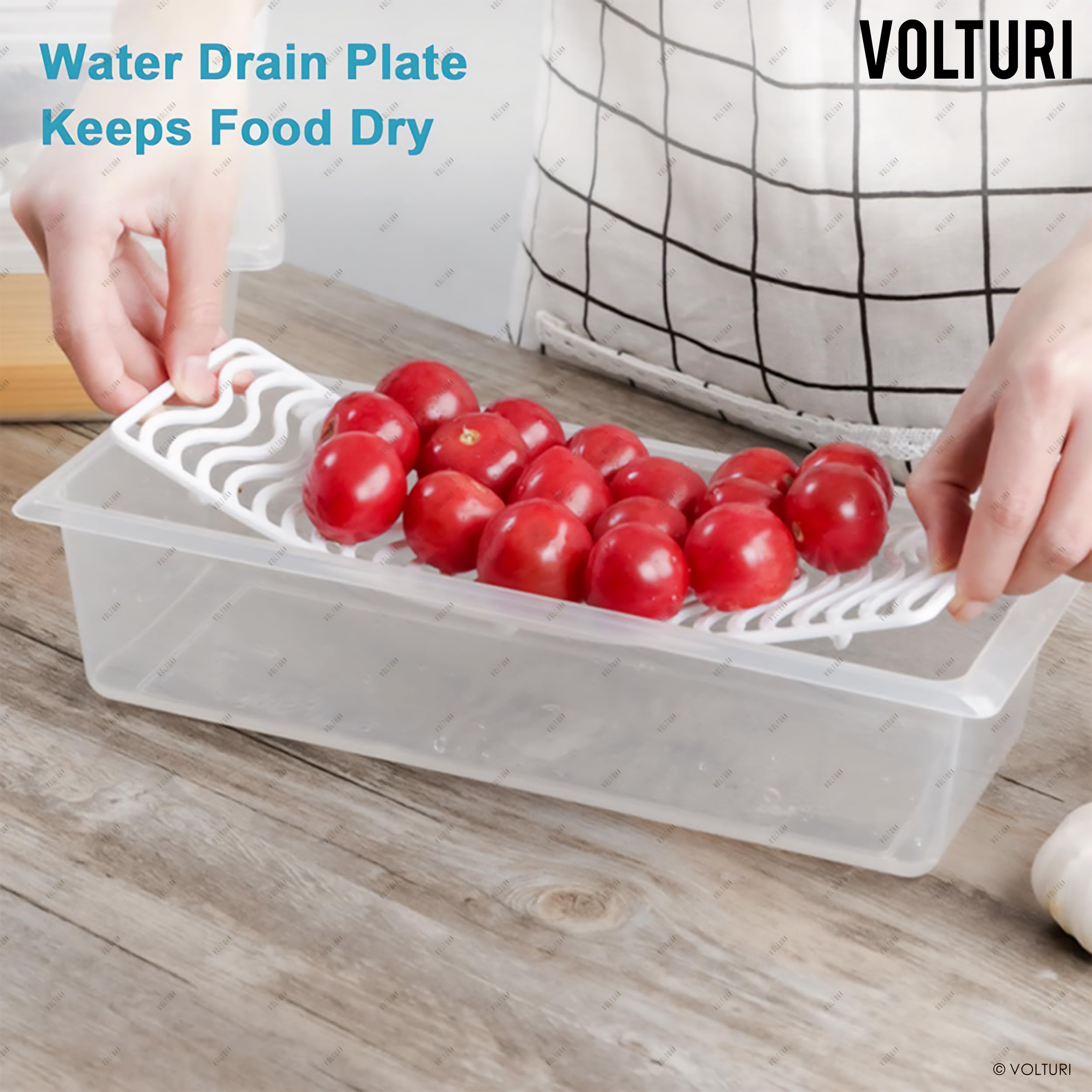 VOLTURI 6-Pack Fridge Storage Containers with Removable Drain Plate & Lids - Stackable Food Organizer for Fruits, Vegetables - 1500ML BPA-Free Kitchen Storage Boxes - Perfect for Meal Prep & Refrigerator Organization