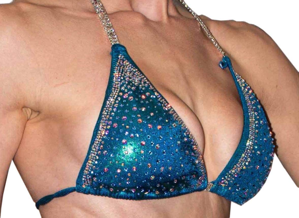 Turquoise Green Mermaid Crystal Bikini Set - Rhinestone Clustered Competition Swimsuit for NPC Bikini Shows (C/D Cup, Small HIPS 28''-31'') | Perfect for Bodybuilding Posing, Beachwear & Swimwear Competitions