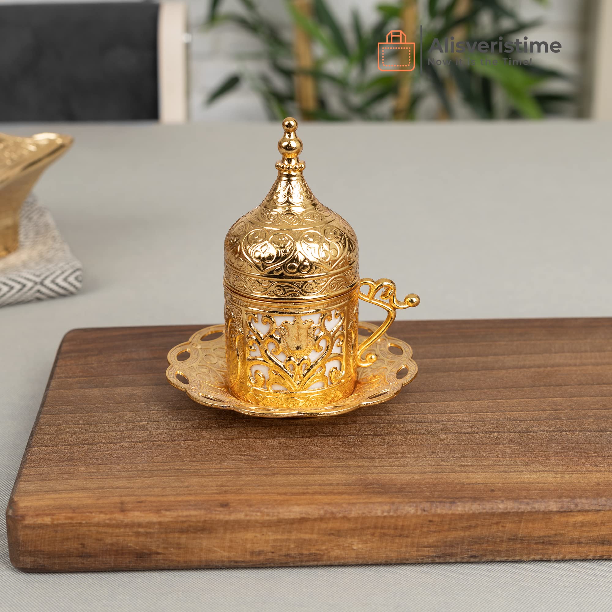 Premium 6-Piece Turkish Coffee Cup Set with Saucers & Lids - Ottoman Tulip Design (Gold/Lale) - Traditional Espresso Cups for Home, Cafe & Gift Giving