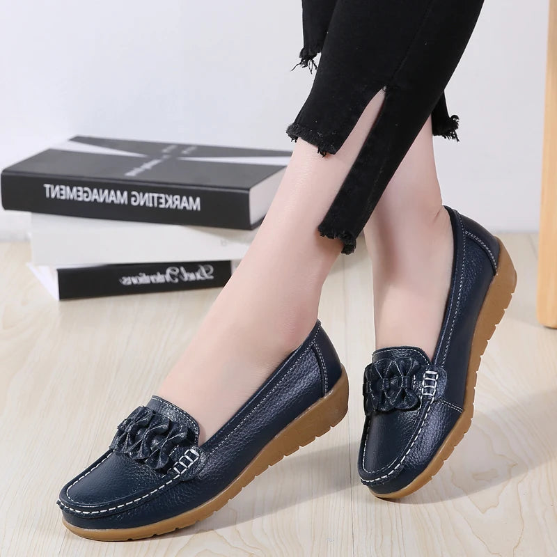 Genuine Leather Women's Loafers - Soft Non-Slip Boat Shoes with Sturdy Sole | Comfortable Flats in Extended Sizes | Perfect for Office, Travel & Casual Wear