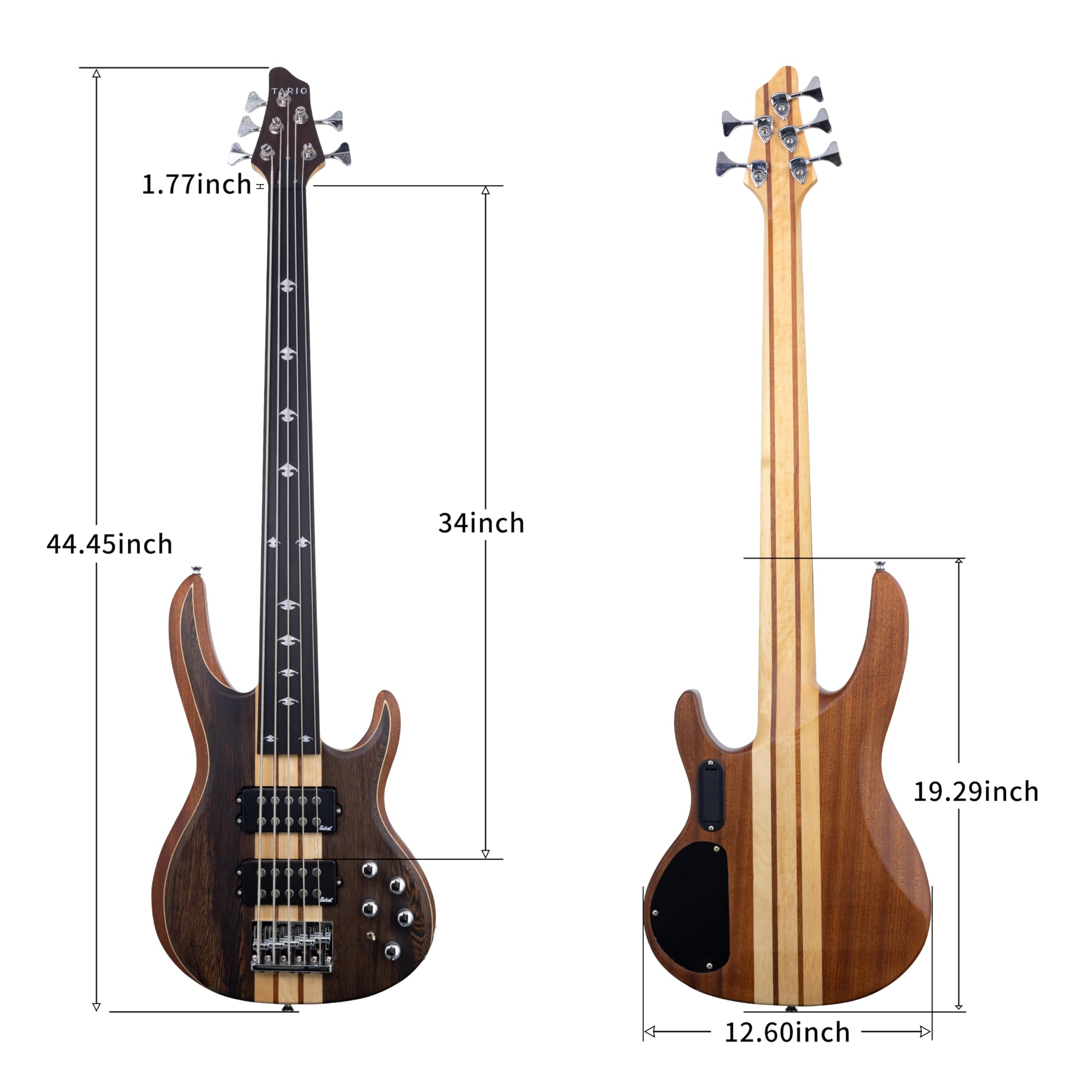 TARIO Fretless 5-String Electric Bass Guitar - Premium Millettia Laurentii Top, Okoume Body & Composite Ebony Fingerboard | Professional Jazz, Blues & Studio Recording Instrument