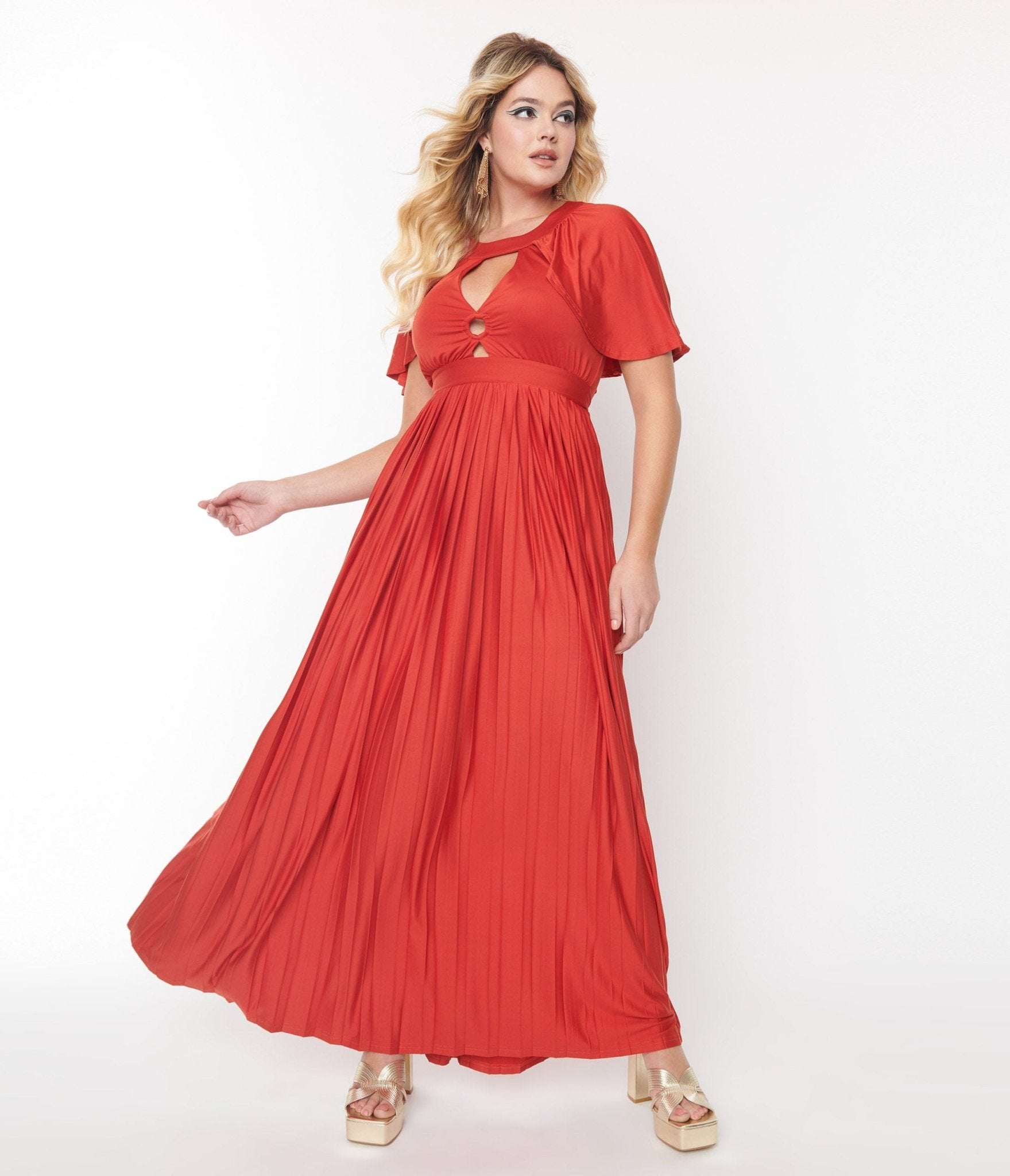 Vintage 1970s Rust Red Pleated Cape Maxi Dress by Smak Parlour | Retro Boho Chic Long Dress for Women | Perfect for Weddings, Parties & Festivals