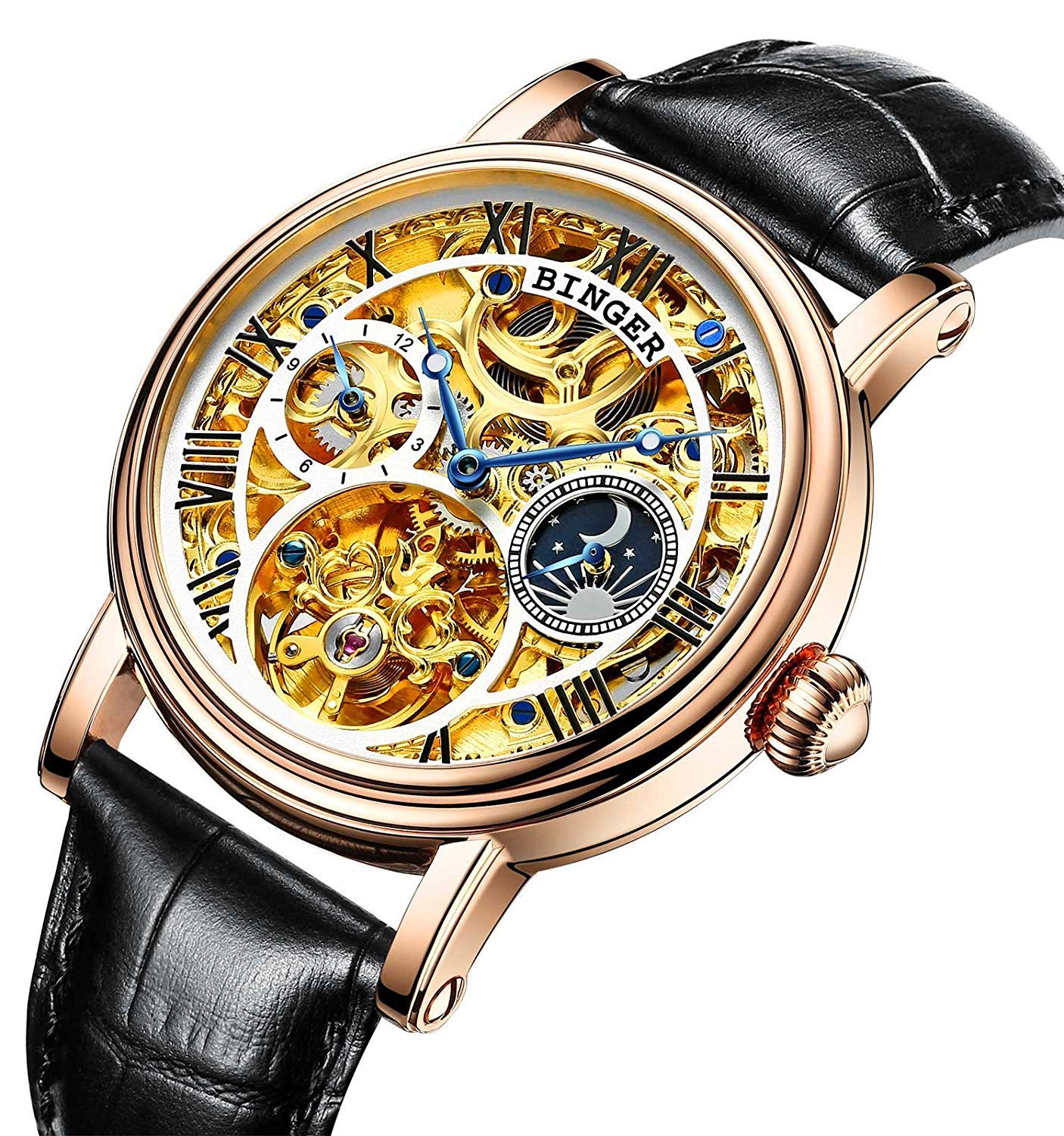 MASTOP Automatic Mechanical Skeleton Watch for Men - Gold/Silver Stainless Steel Case with Black Leather Band - Luxury Dress & Business Watch for Formal Occasions
