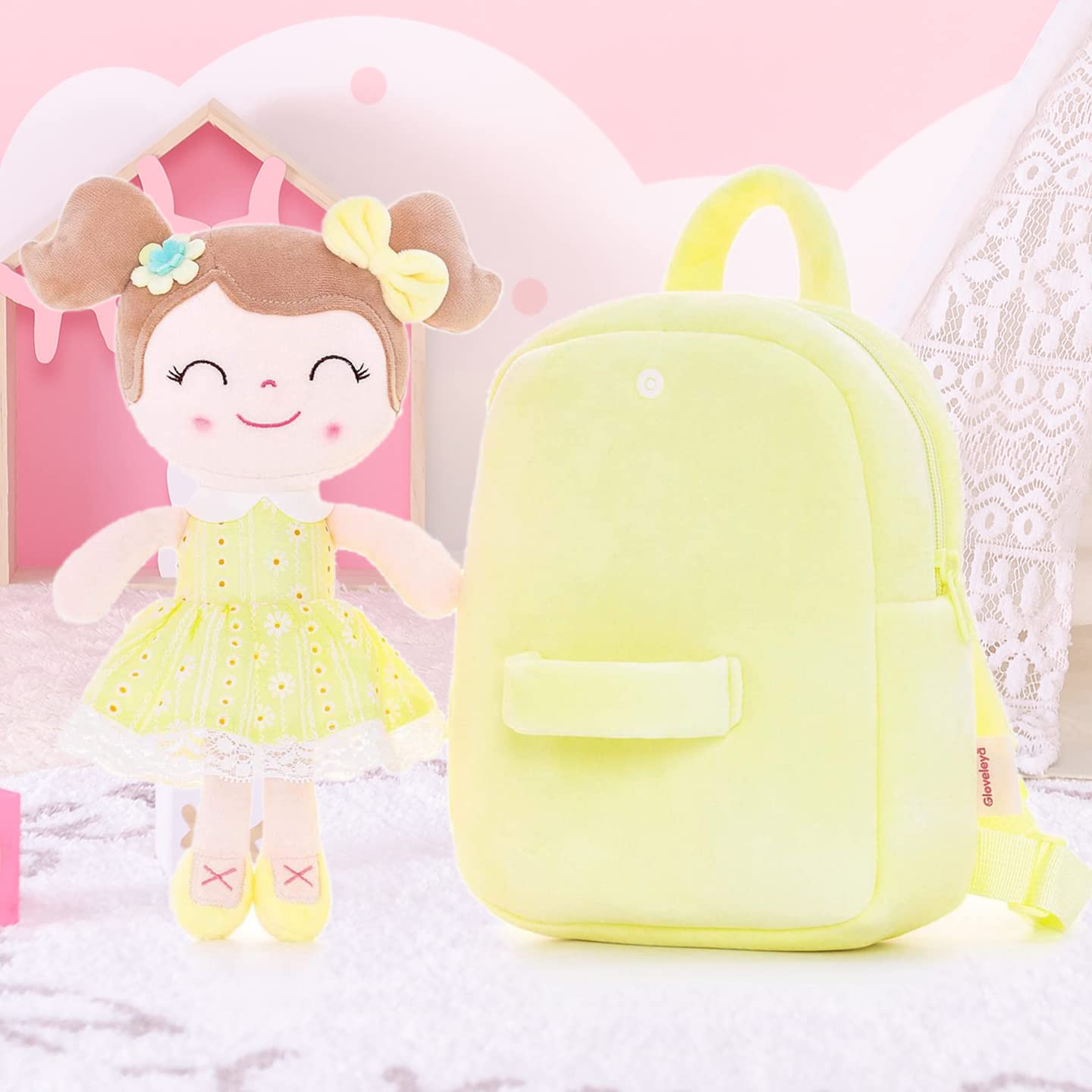 Gloveleya Soft Plush Kids Backpack for Toddler Girls - 9 Inch Cute Spring Doll Toy Backpack (Yellow) - Perfect for Preschool, Daycare & Travel Accessories