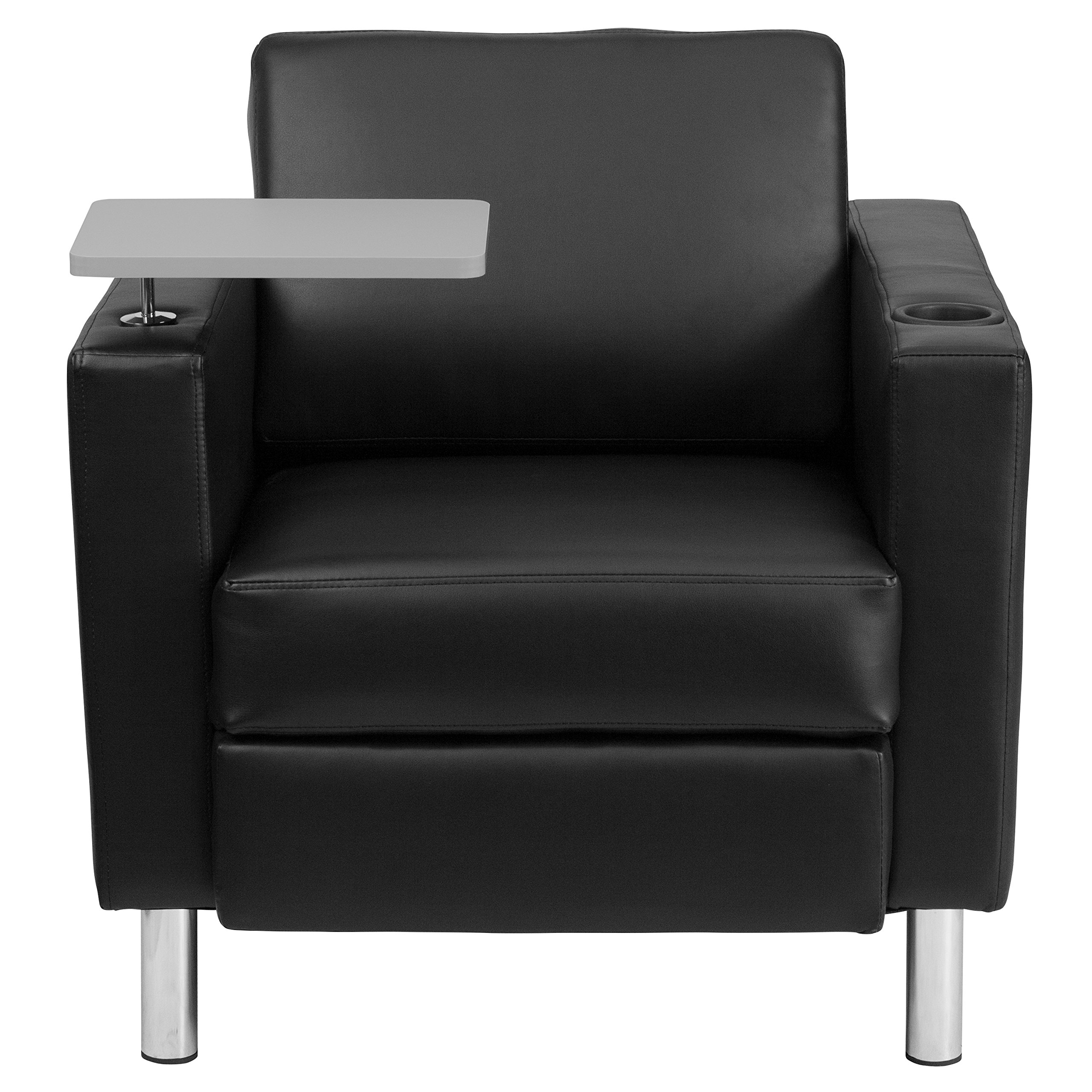 Emma & Oliver Black LeatherSoft Tablet Arm Chair with Tall Chrome Legs & Cup Holder - Ergonomic Office Chair for Home & Workspace, Perfect for Working, Gaming & Relaxing