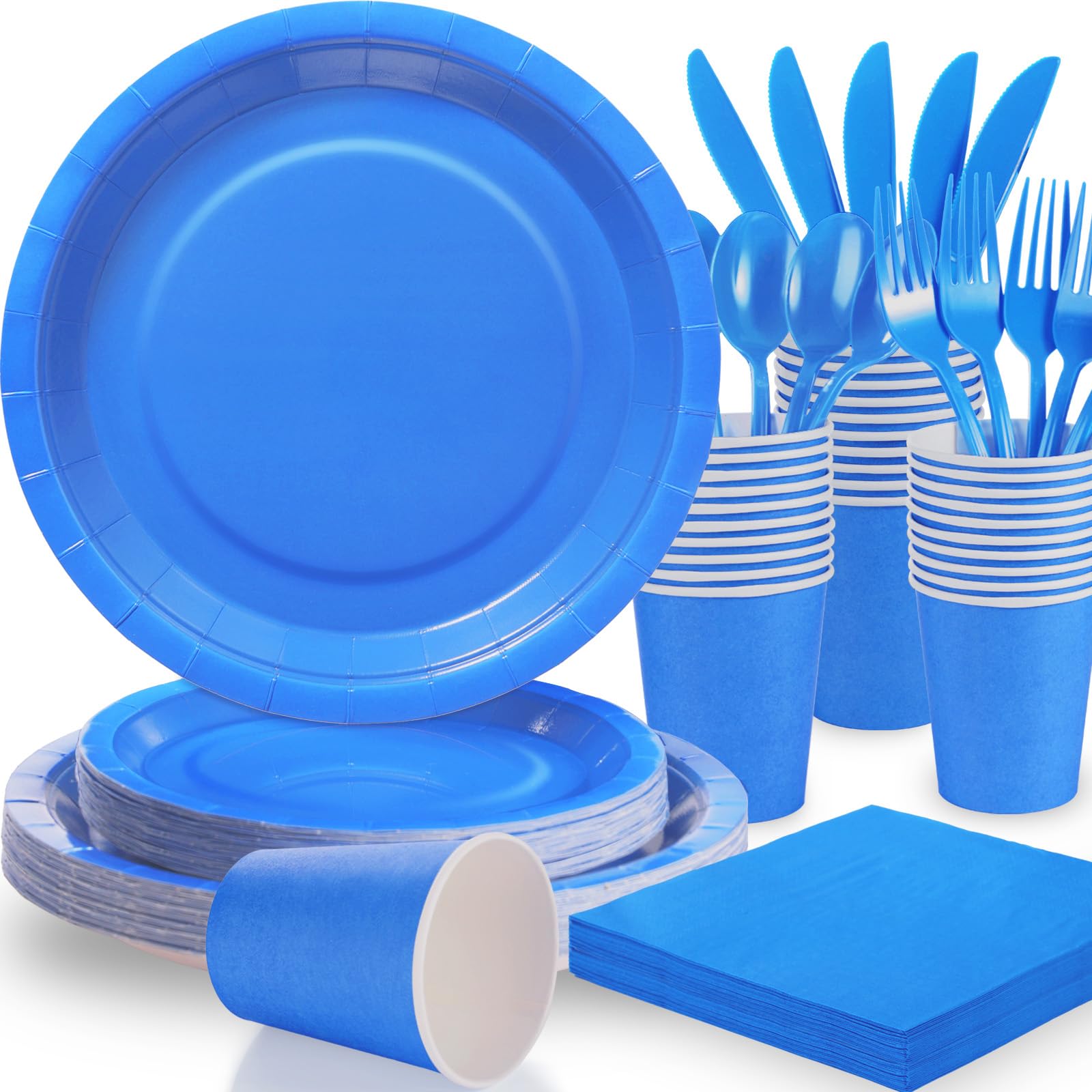 168Pcs Blue Party Plates and Napkins Set - Solid Color Disposable Tableware for Birthday, Baby Shower, Diwali, Hanukkah & Retirement Party Decorations - Perfect for 24 Guests - Ideal for Home, Office & Event Celebrations