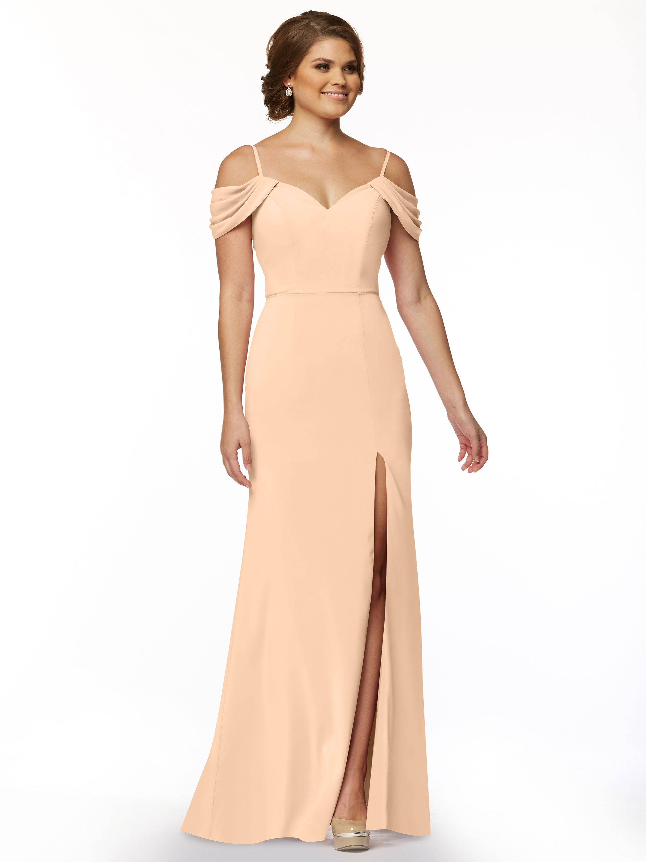 Elegant 83029 Fitted Stretch Chiffon Off-The-Shoulder Bridesmaid Dress with High Slit - Perfect for Weddings, Prom & Formal Events