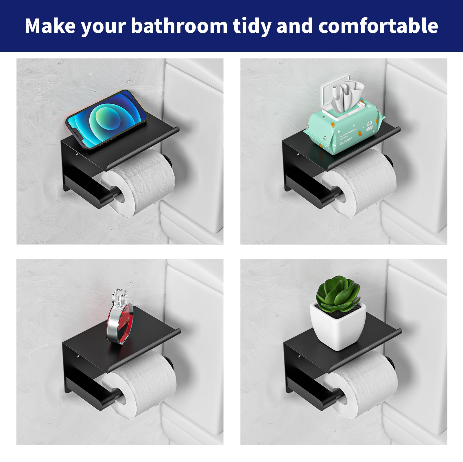 Stainless Steel Wall Mount Toilet Paper Holder with Shelf - Matte Black, Rustproof, Self-Adhesive - Fits Mega Rolls - Perfect for Modern Bathrooms & Powder Rooms