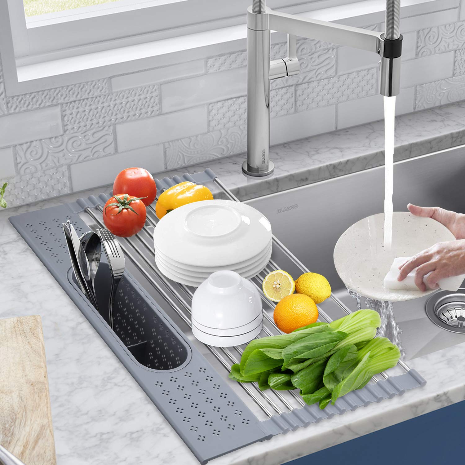 Foldable Over Sink Dish Rack with Utensil Holder - 17.3