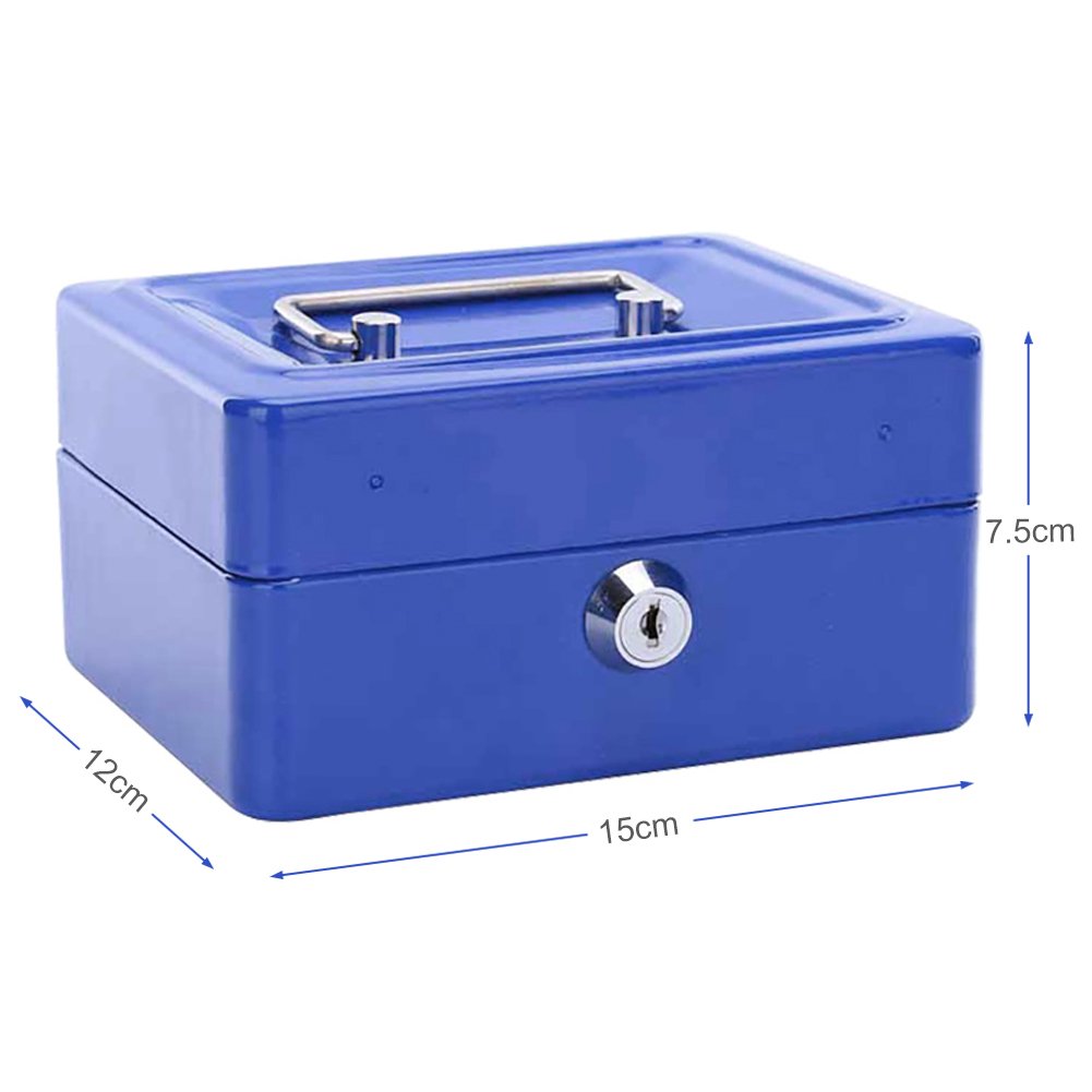 1Pc Metal Cash Box - Small Portable Steel Lockable Security Box with Key, Resistant Safe for Money & Valuables - Ideal for Home, Office, Retail Store & Travel Use (Blue)