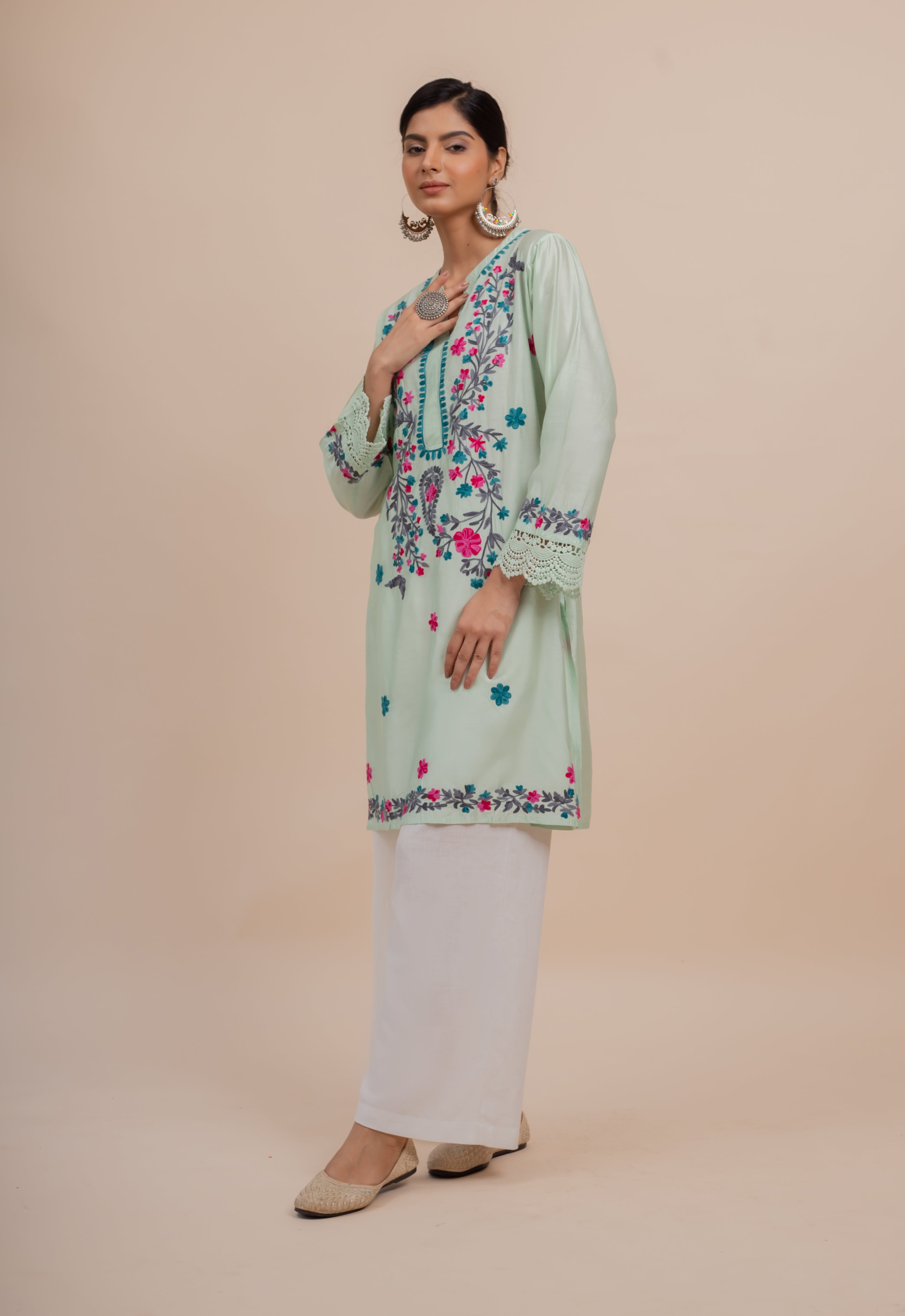 Falak Kashmiri Long Kurta in Turquoise Green Chanderi Silk with Aari Embroidery | Elegant Indian Traditional Dress for Women | Perfect for Weddings, Festivals & Special Occasions