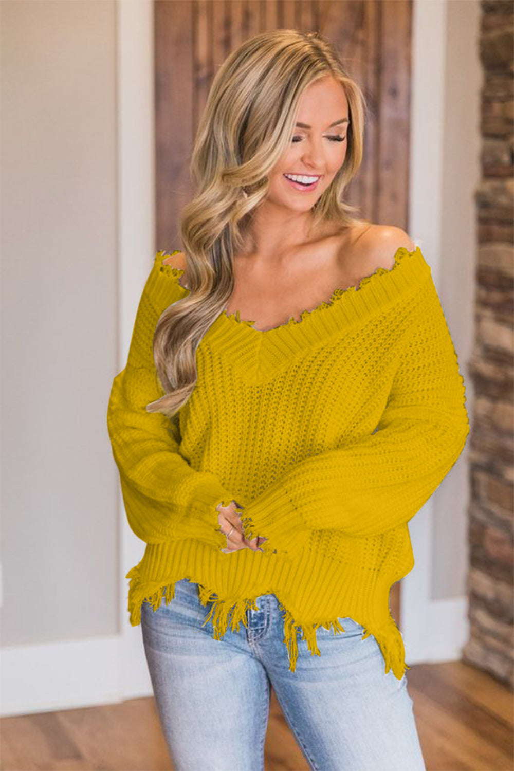 Frayed Hem Drop Shoulder Sweater for Women - Cozy Oversized Knit Pullover for Fall & Winter Layering