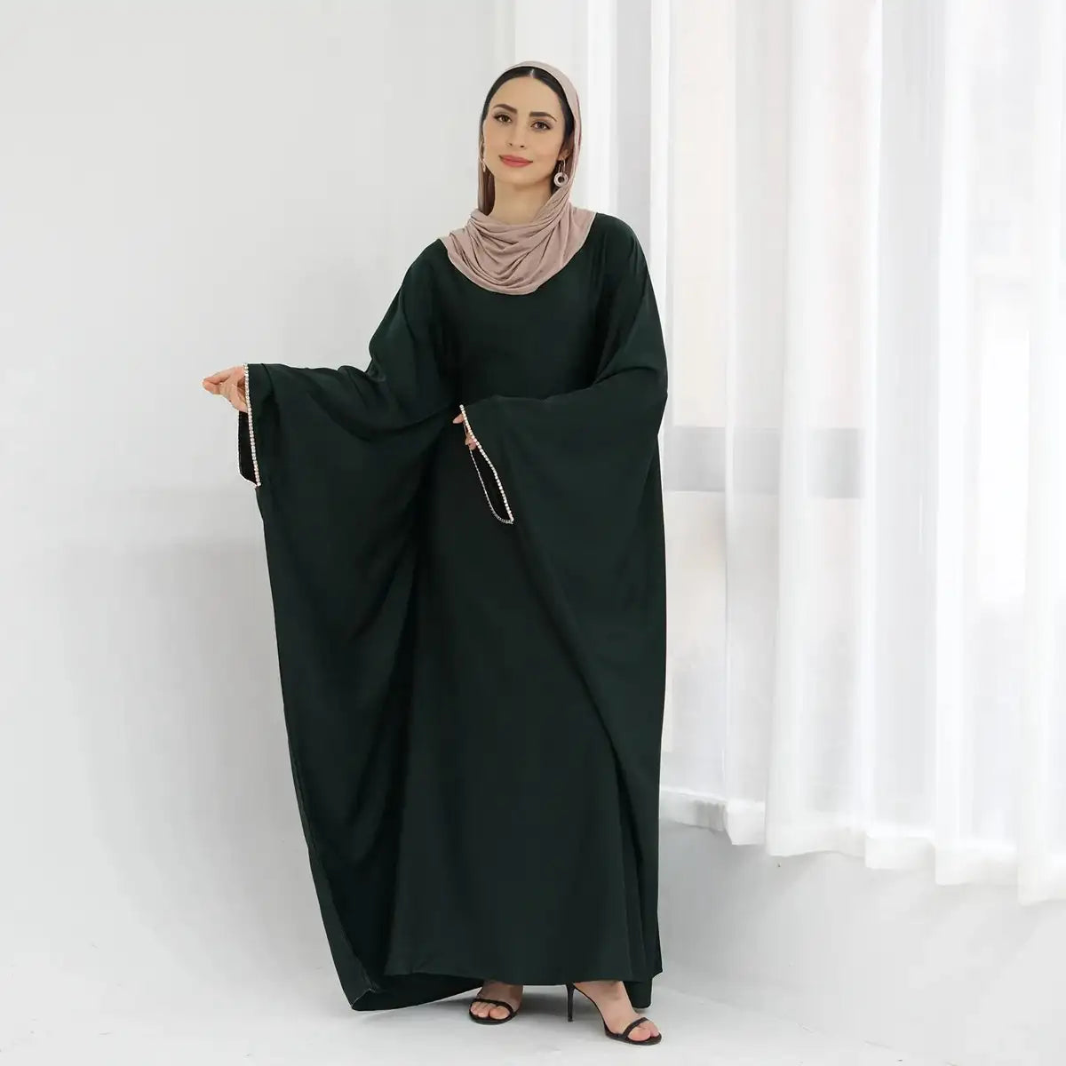 Elegant Beaded Batwing Sleeve Satin Farasha Abaya Dress for Women | Modest Islamic Evening Gown | Perfect for Weddings, Eid Celebrations & Special Occasions