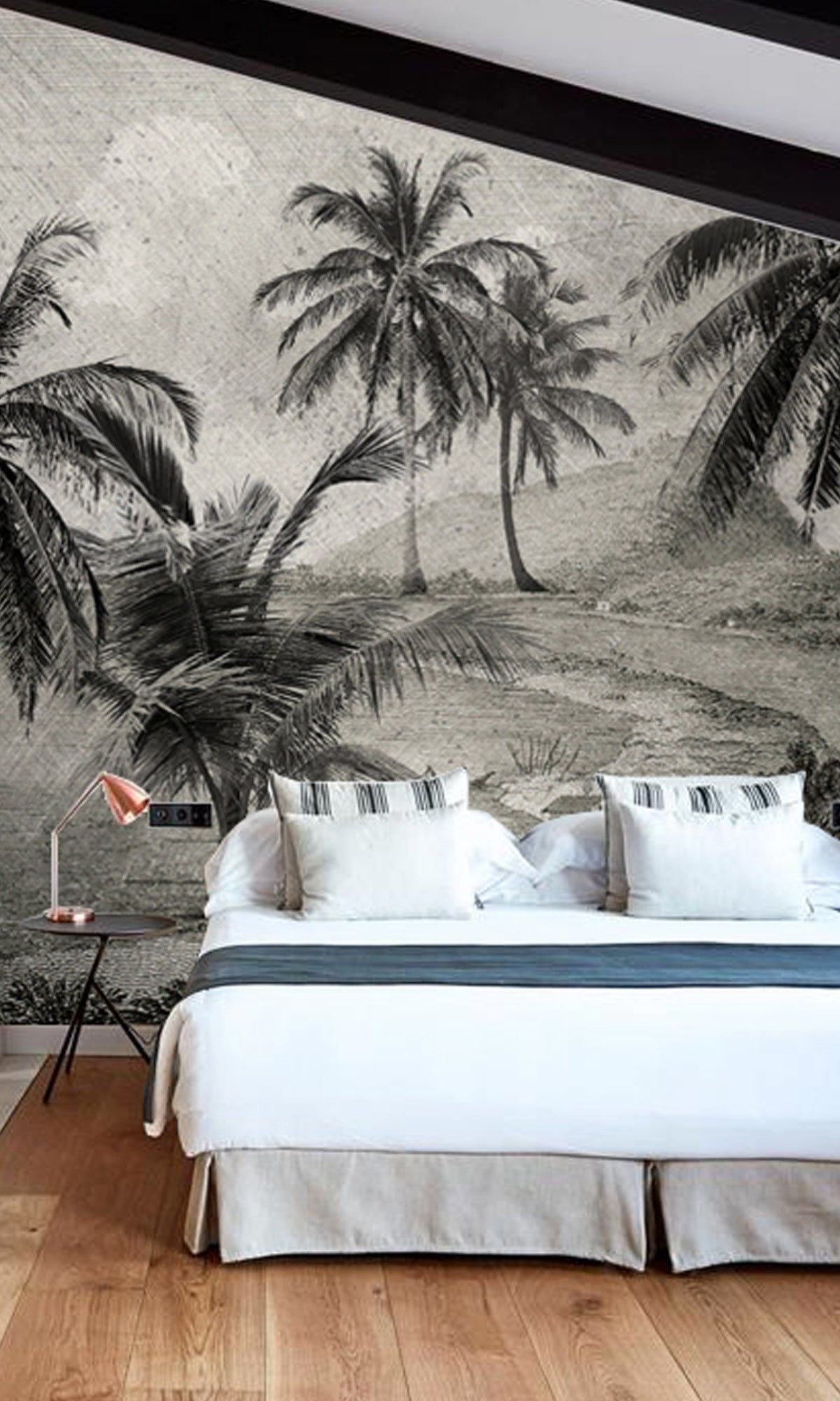 Black and White Palm Tree Road Mural Wallpaper M1172 Sample - Tropical Themed Wall Decor for Living Room, Bedroom & Office